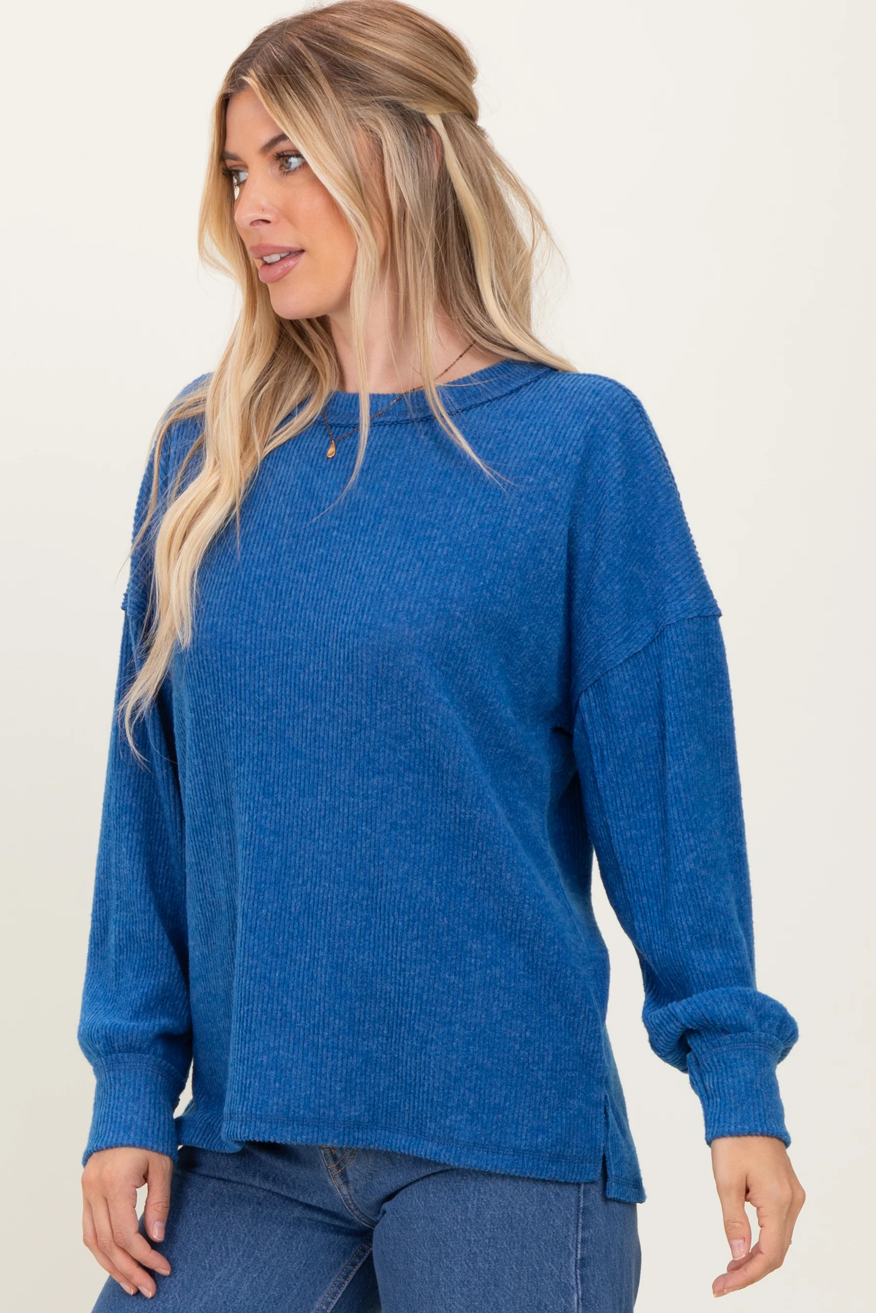 Lt Navy Brushed Ribbed Knit Pullover - Image 3