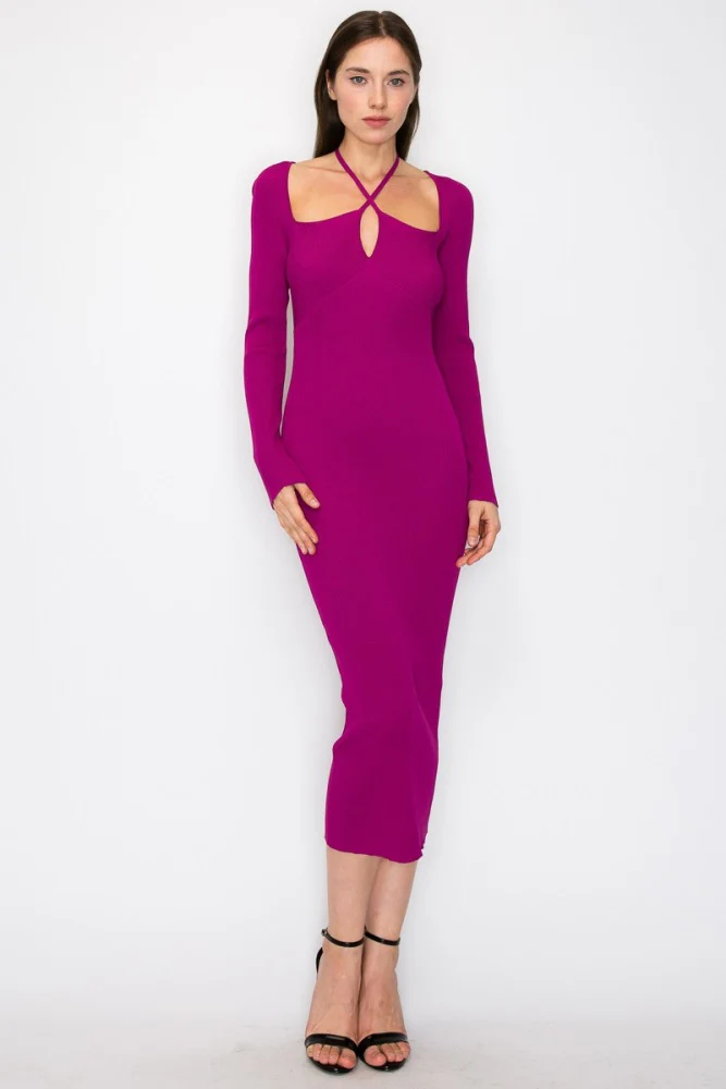 Magenta Cutout Cross-Strap Knit Maternity Midi Dress - Image 5