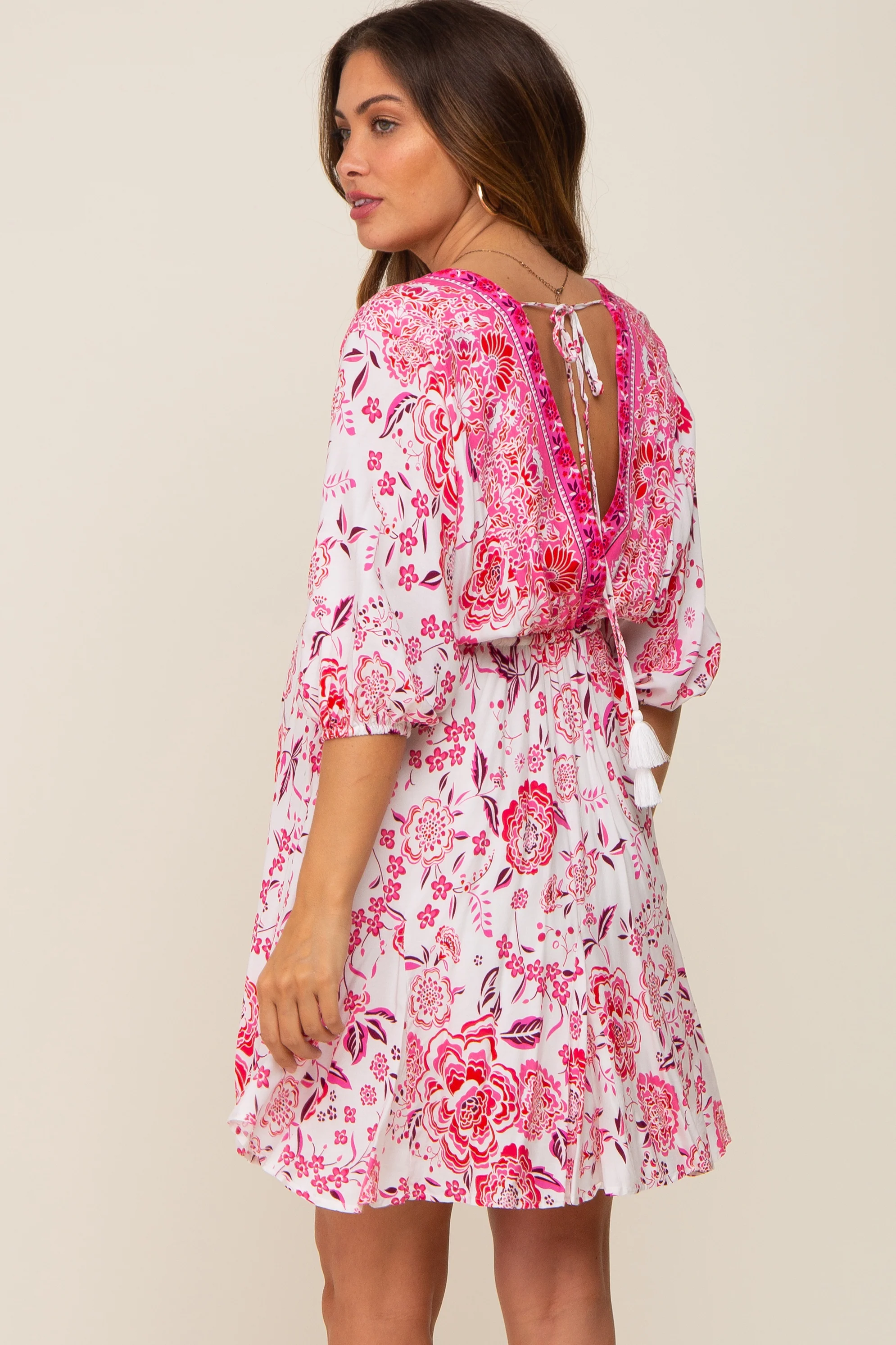 Magenta Floral Border Print Maternity Dress - Image 3