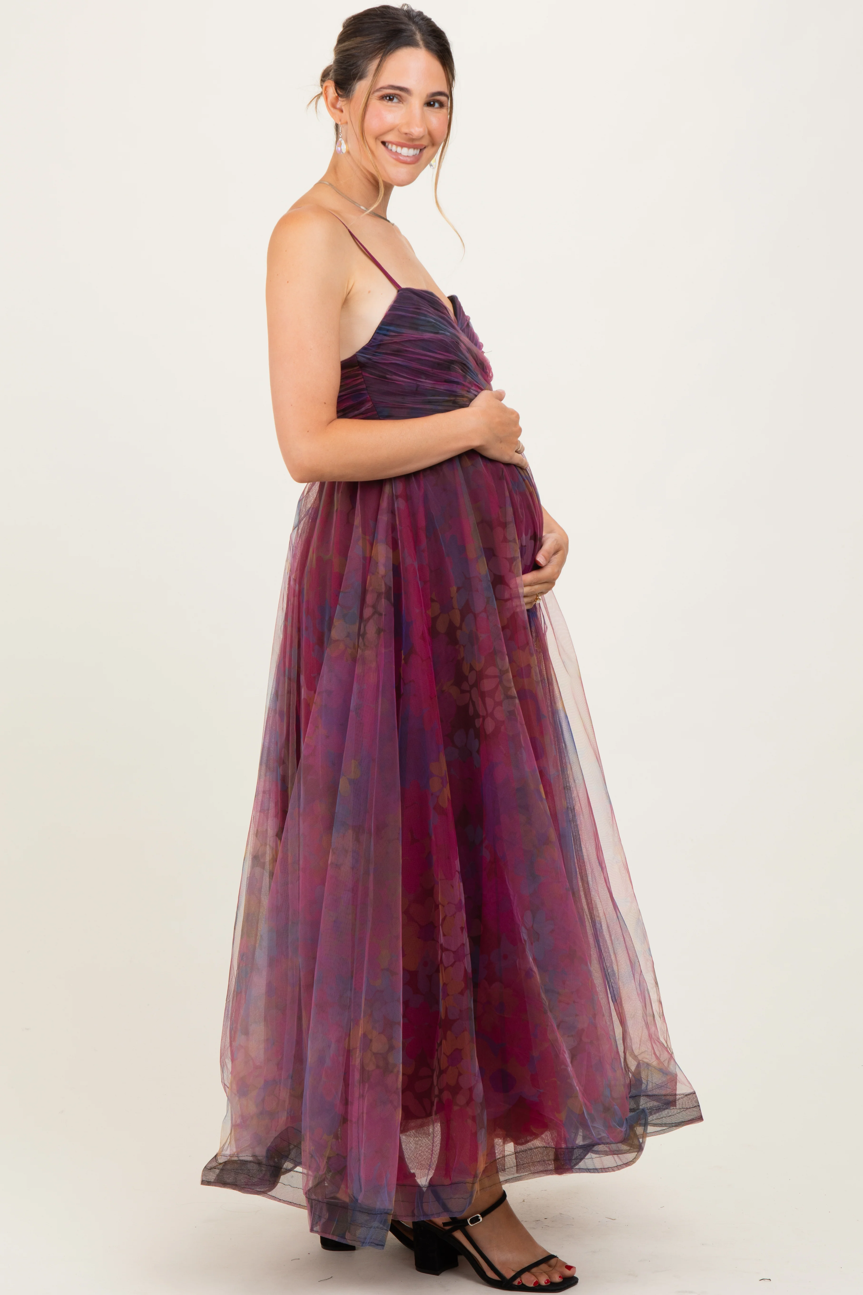 Magenta Floral Mesh Tulle Overlay Maternity Maxi Dress - Image 3