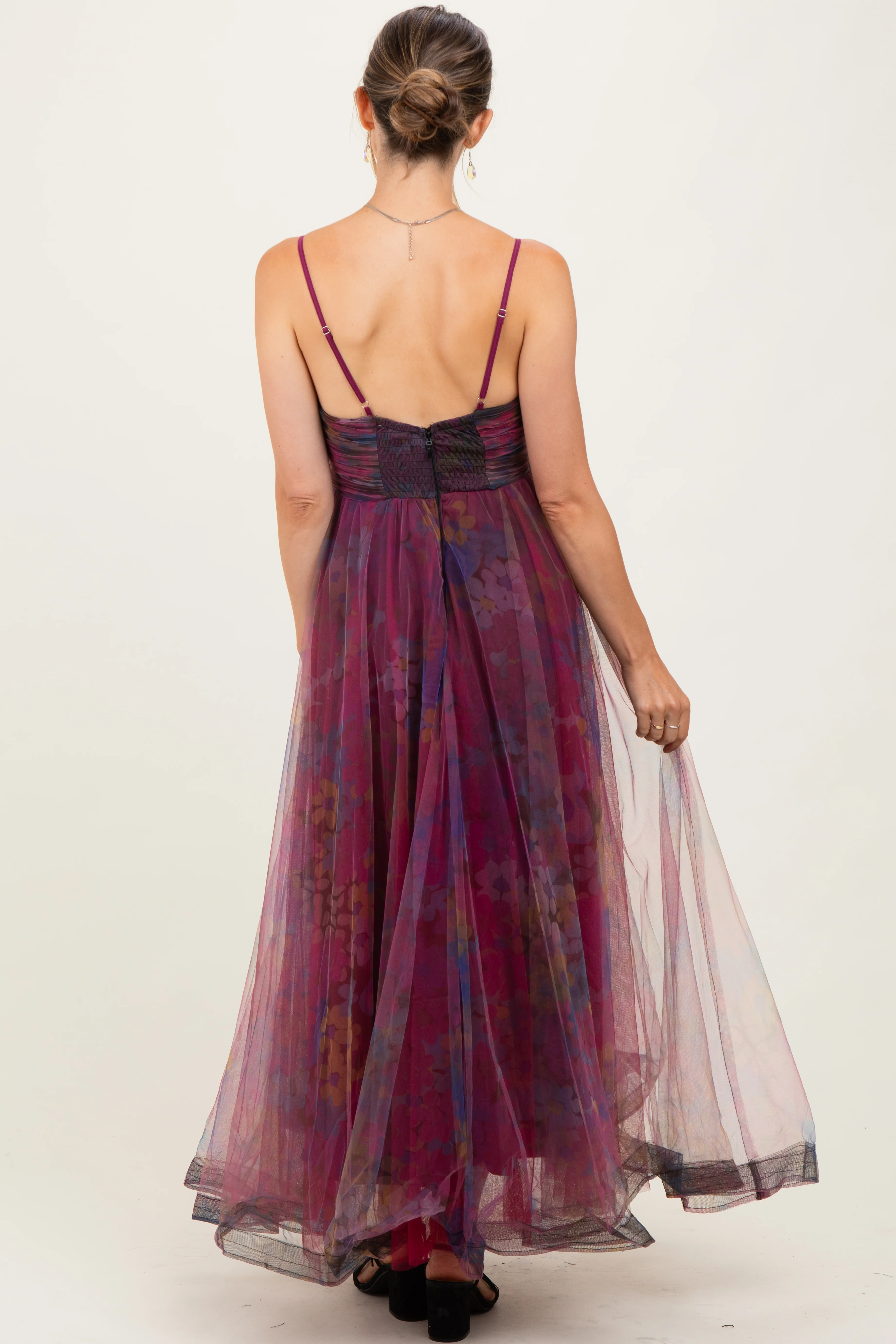 Magenta Floral Mesh Tulle Overlay Maternity Maxi Dress - Image 4