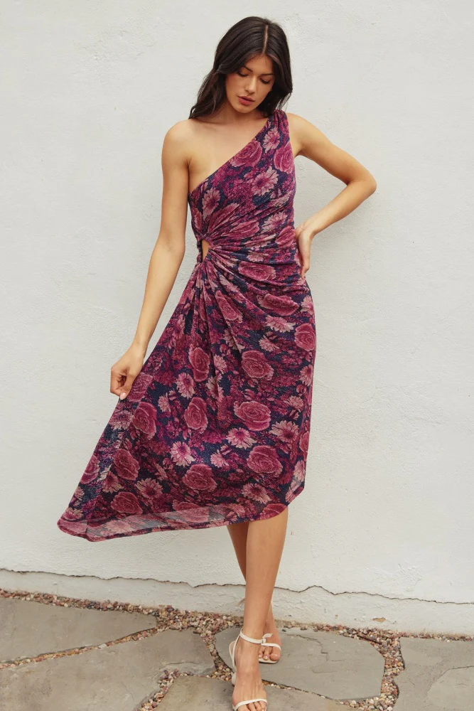 Magenta Floral One Shoulder Asymmetrical Maternity Midi Dress - Image 3