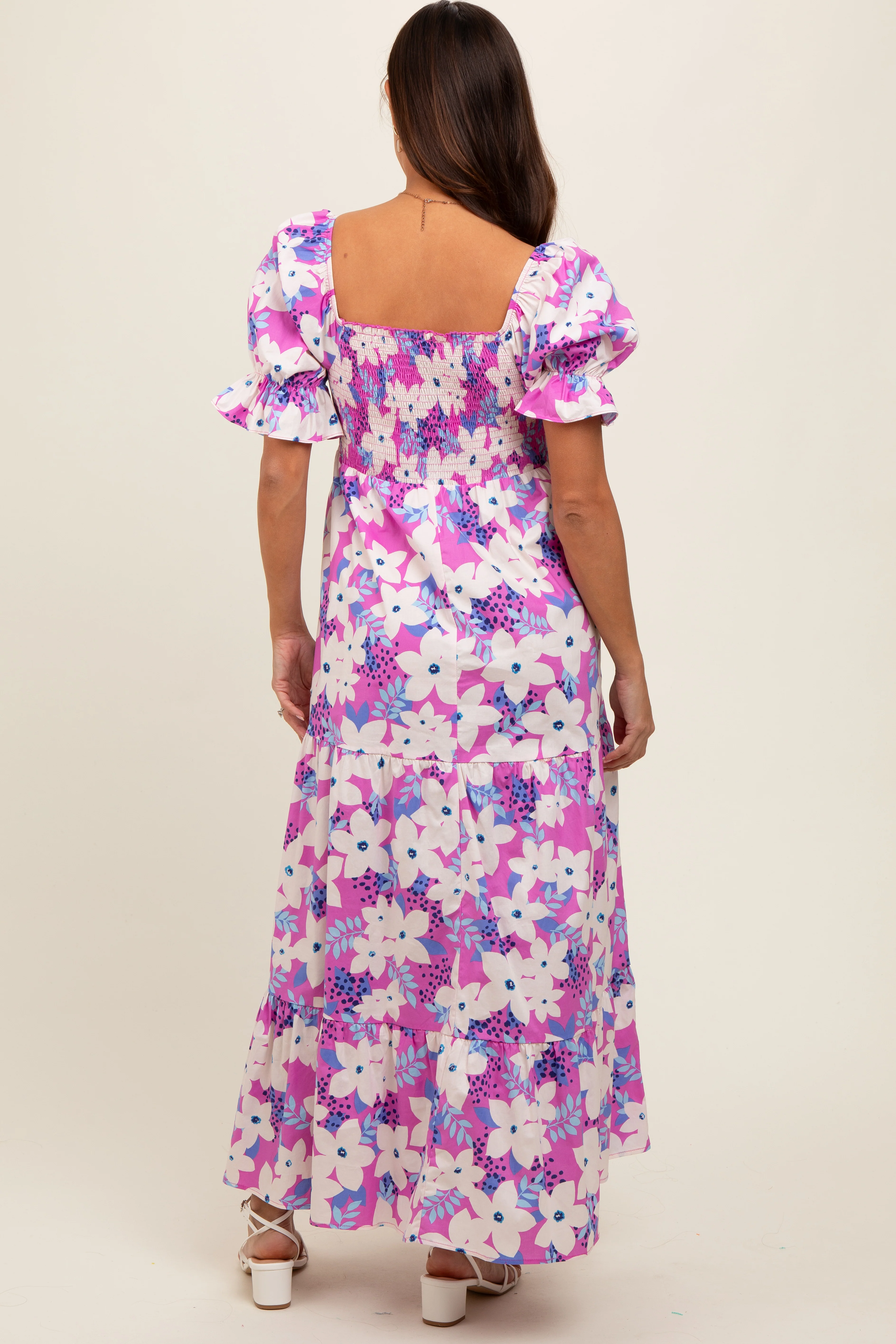 Magenta Floral Puff Sleeve Maternity Maxi Dress - Image 3
