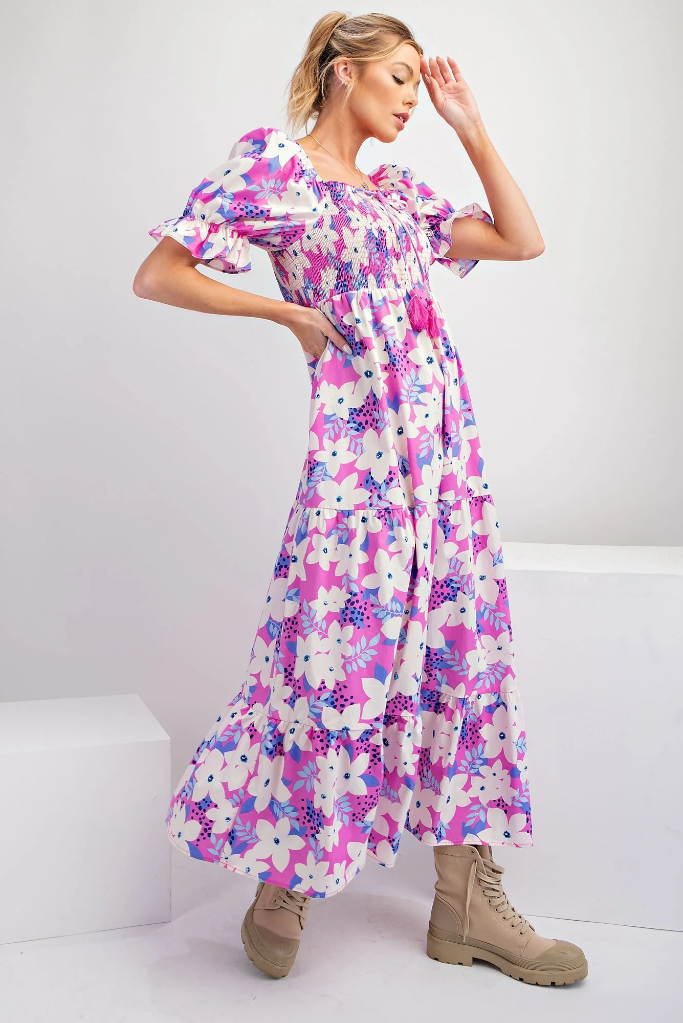 Magenta Floral Puff Sleeve Maternity Maxi Dress - Image 4