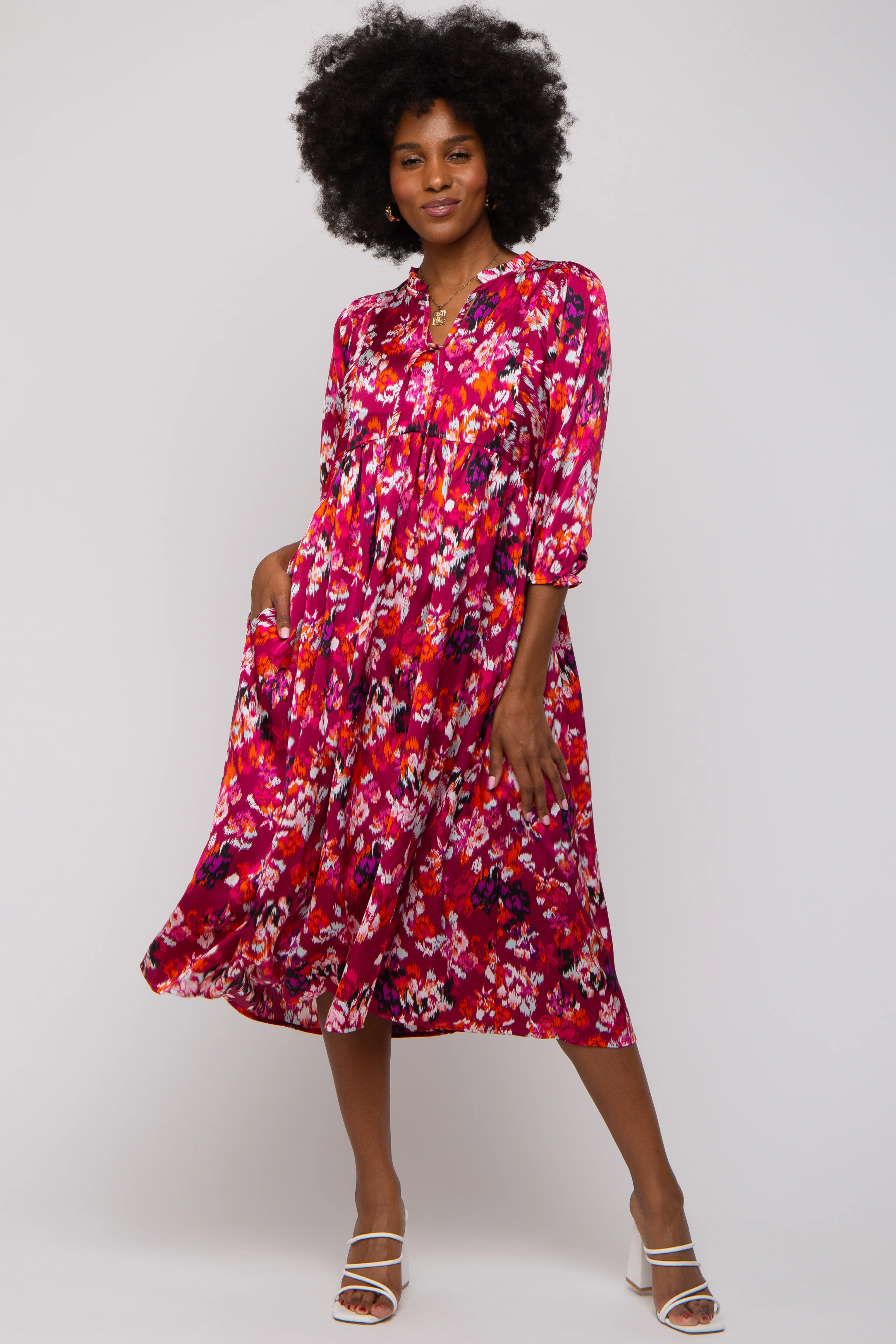 Magenta Floral Satin Ruffle Neck Midi Dress - Image 4