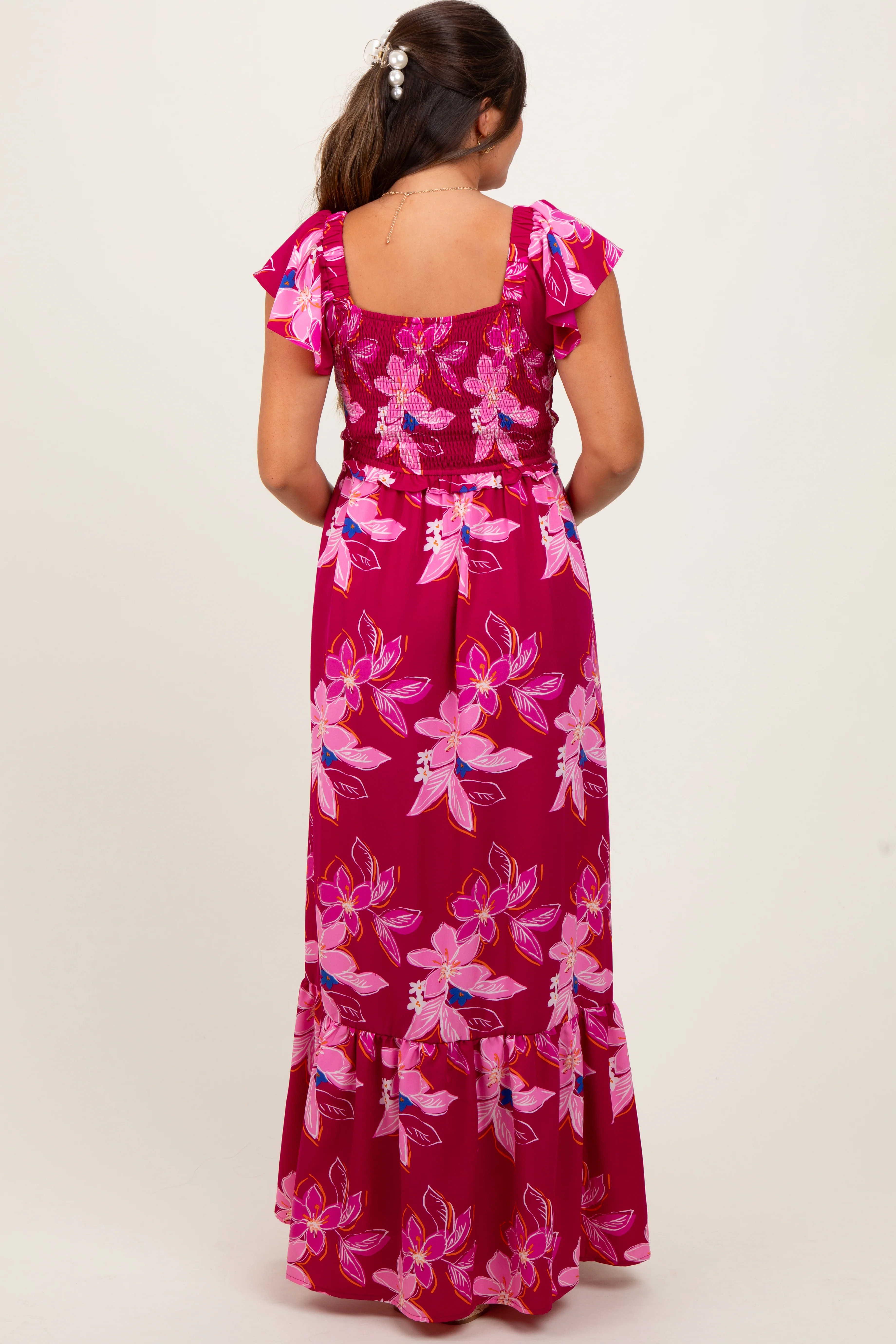 Magenta Floral Smocked Cinched Top Maternity Maxi Dress - Image 4