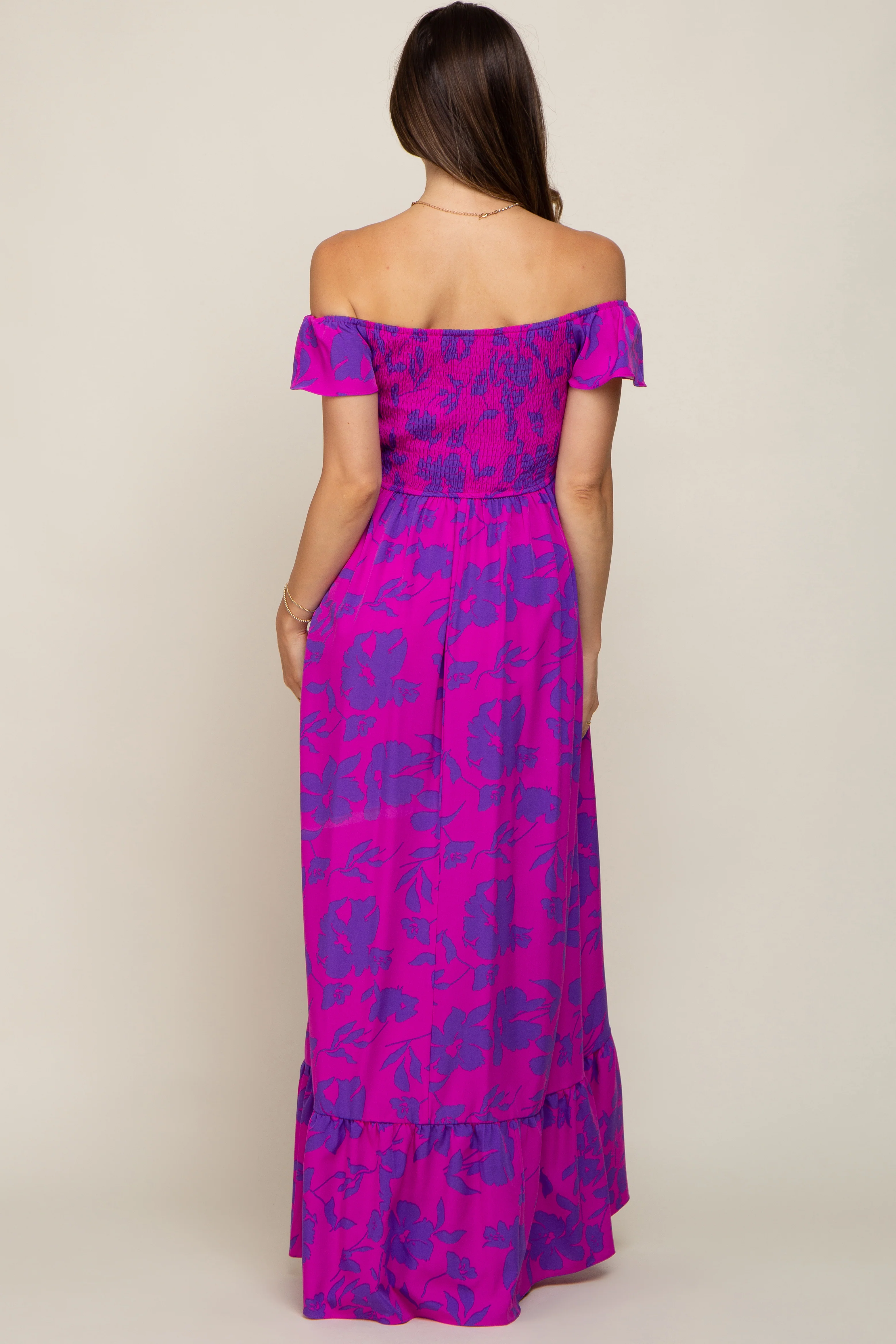 Magenta Floral Smocked Cinched Top Maternity Maxi Dress - Image 4