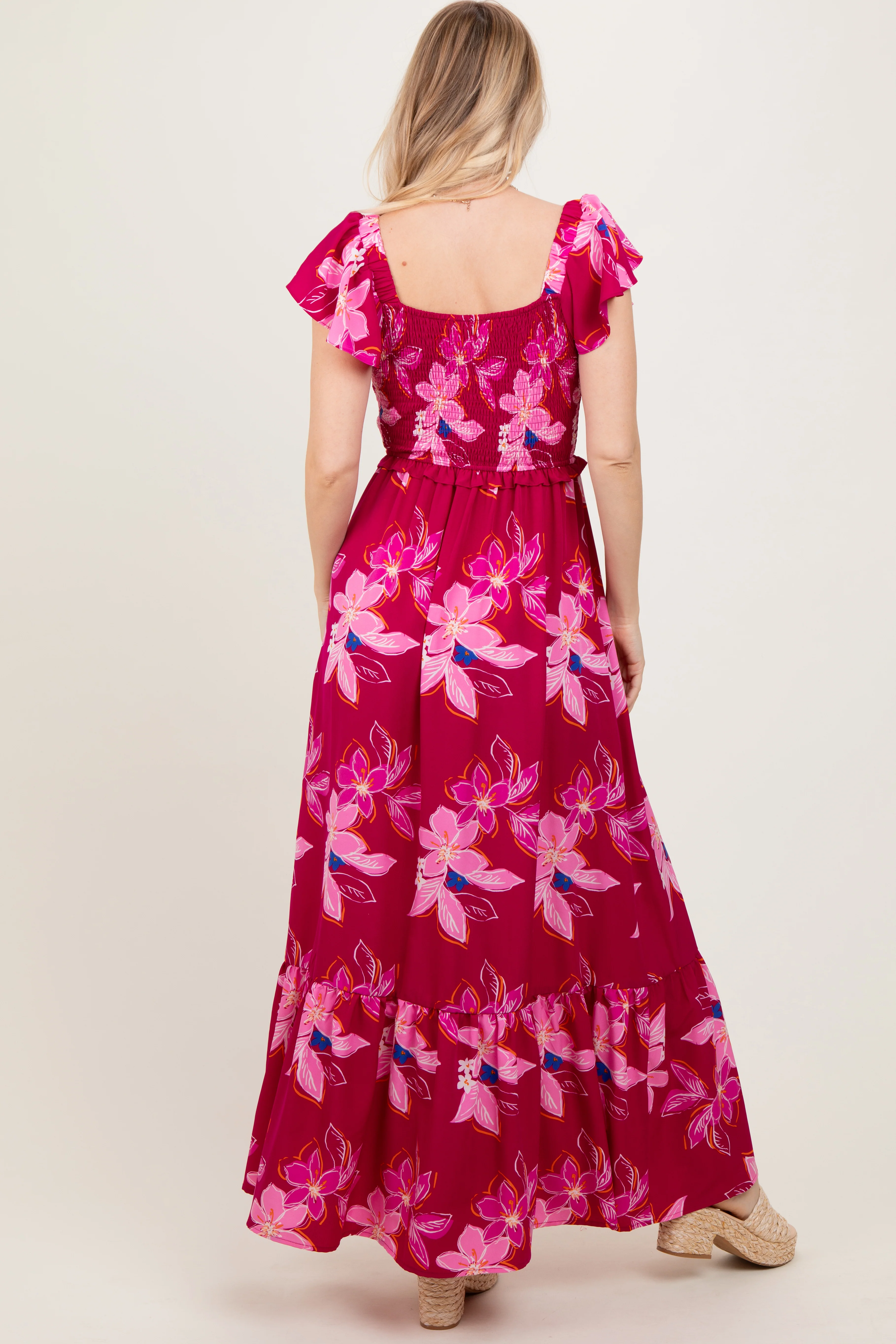 Magenta Floral Smocked Cinched Top Maxi Dress - Image 3