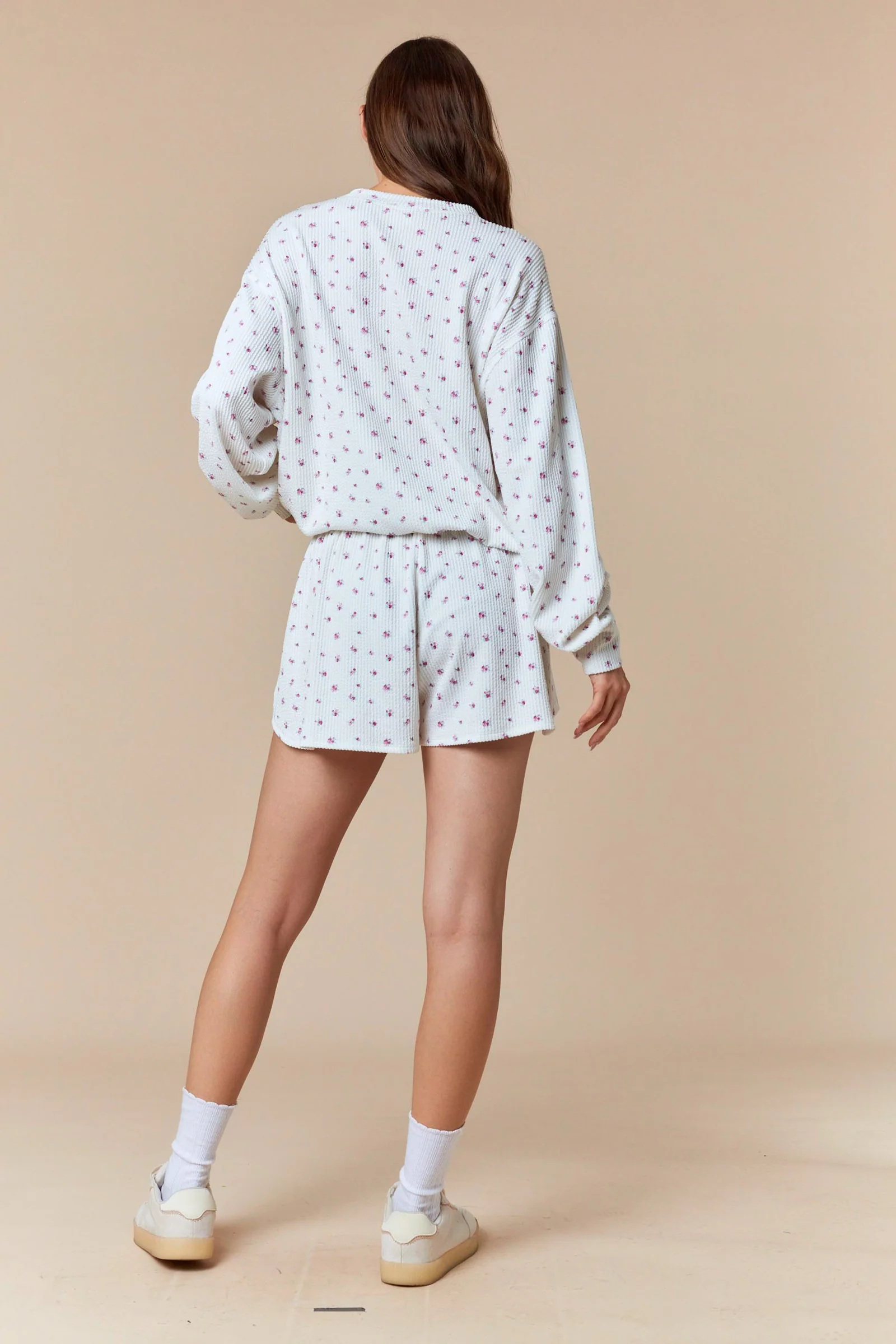 Magenta Floral Waffle Knit Oversized Long Sleeve Top - Image 5
