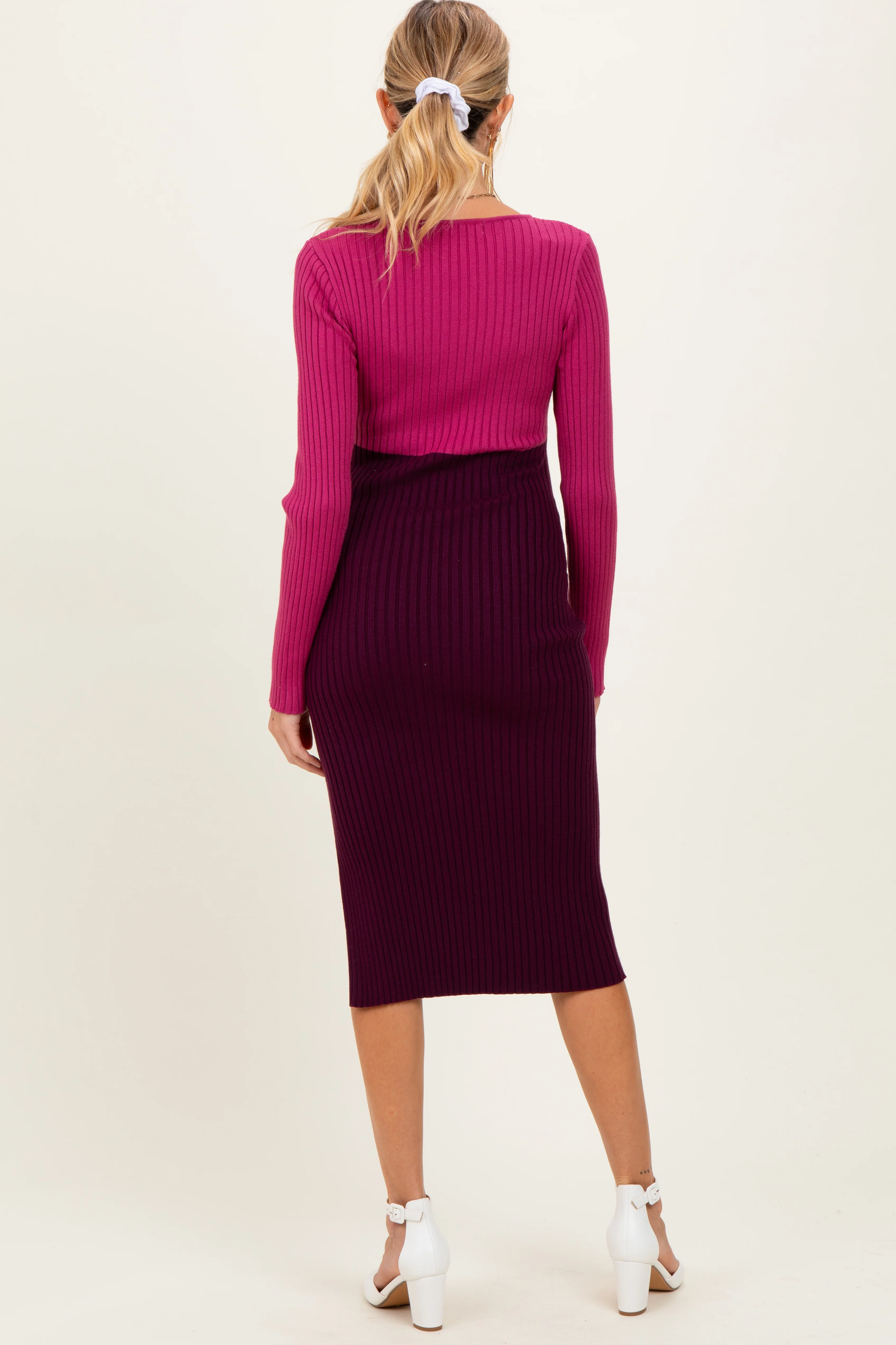 Magenta Knit Colorblock Long Sleeve Maternity Midi Dress - Image 3