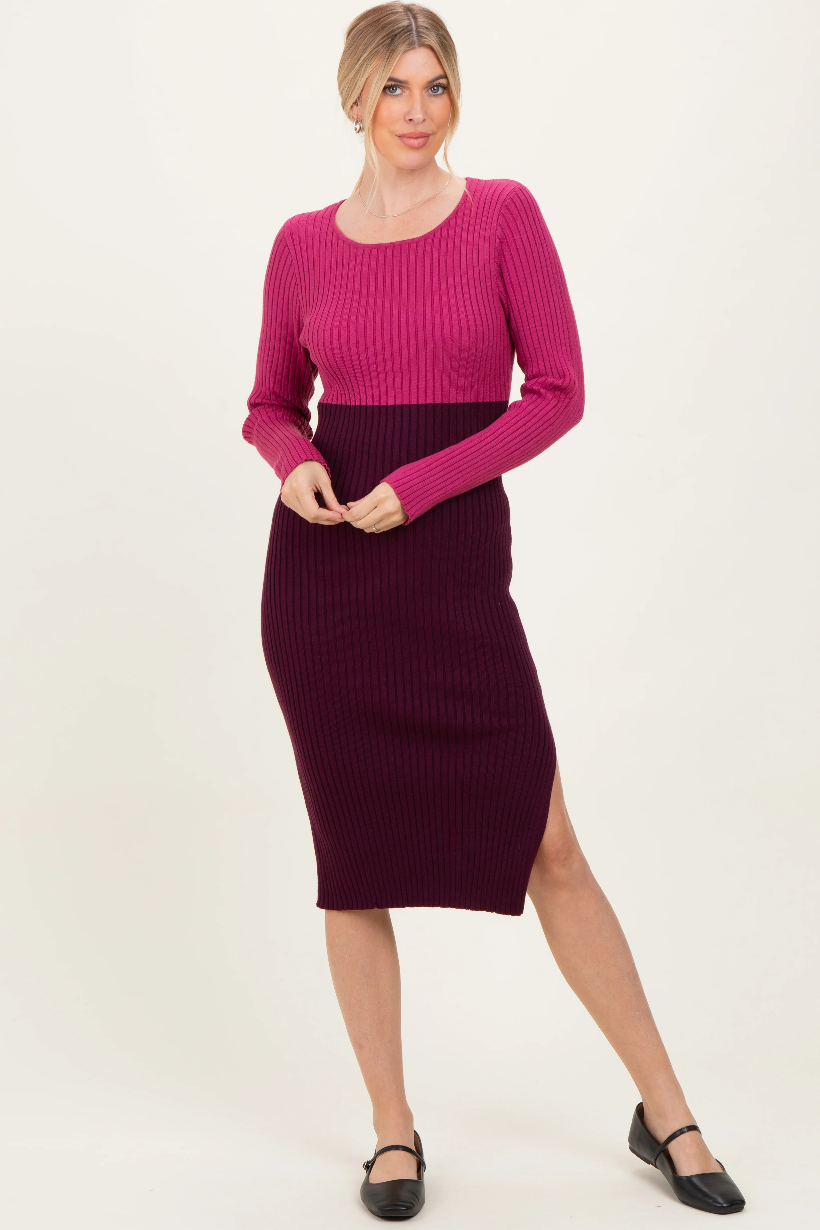 Magenta Knit Colorblock Long Sleeve Maternity Midi Dress - Image 4