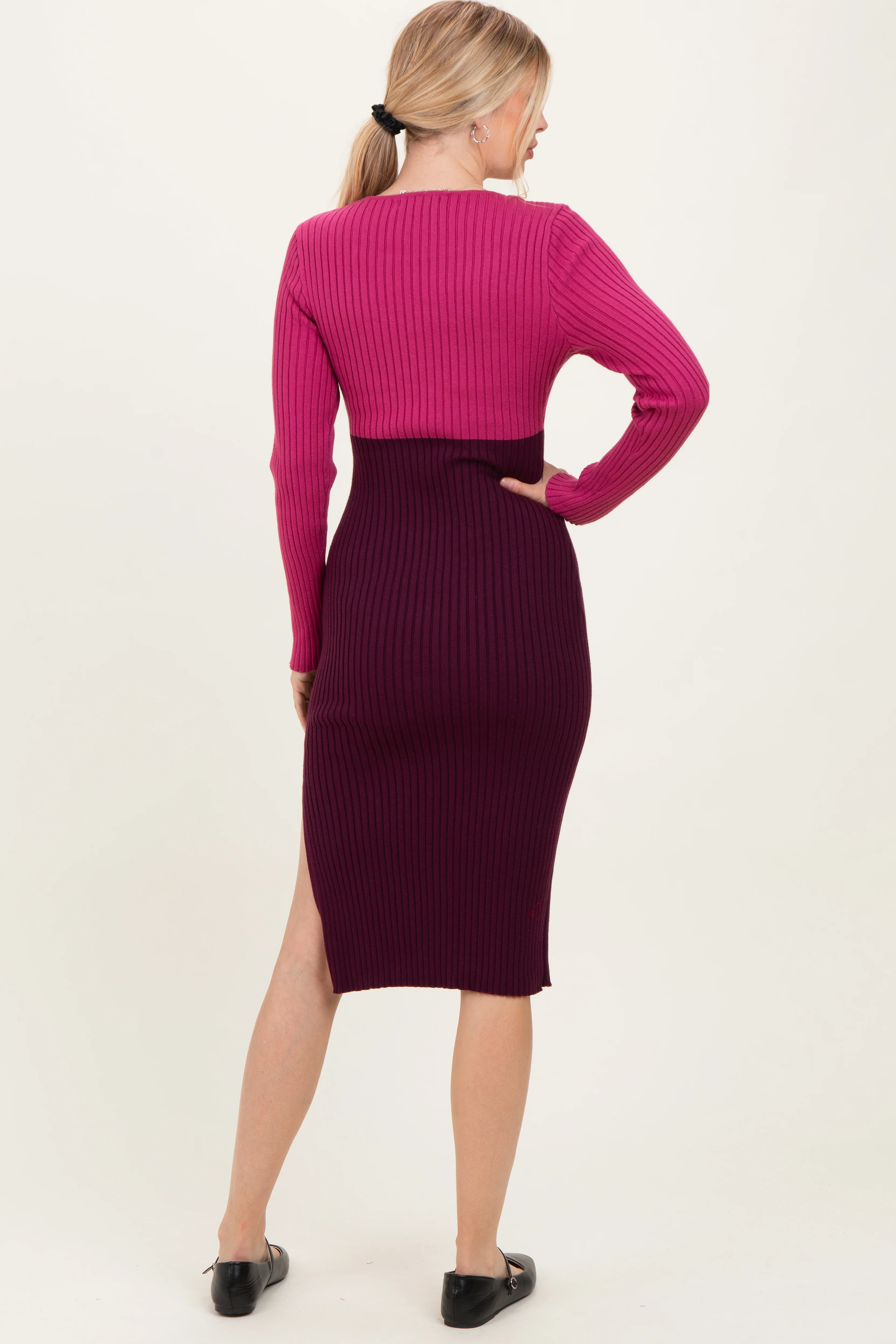 Magenta Knit Colorblock Long Sleeve Midi Dress - Image 4