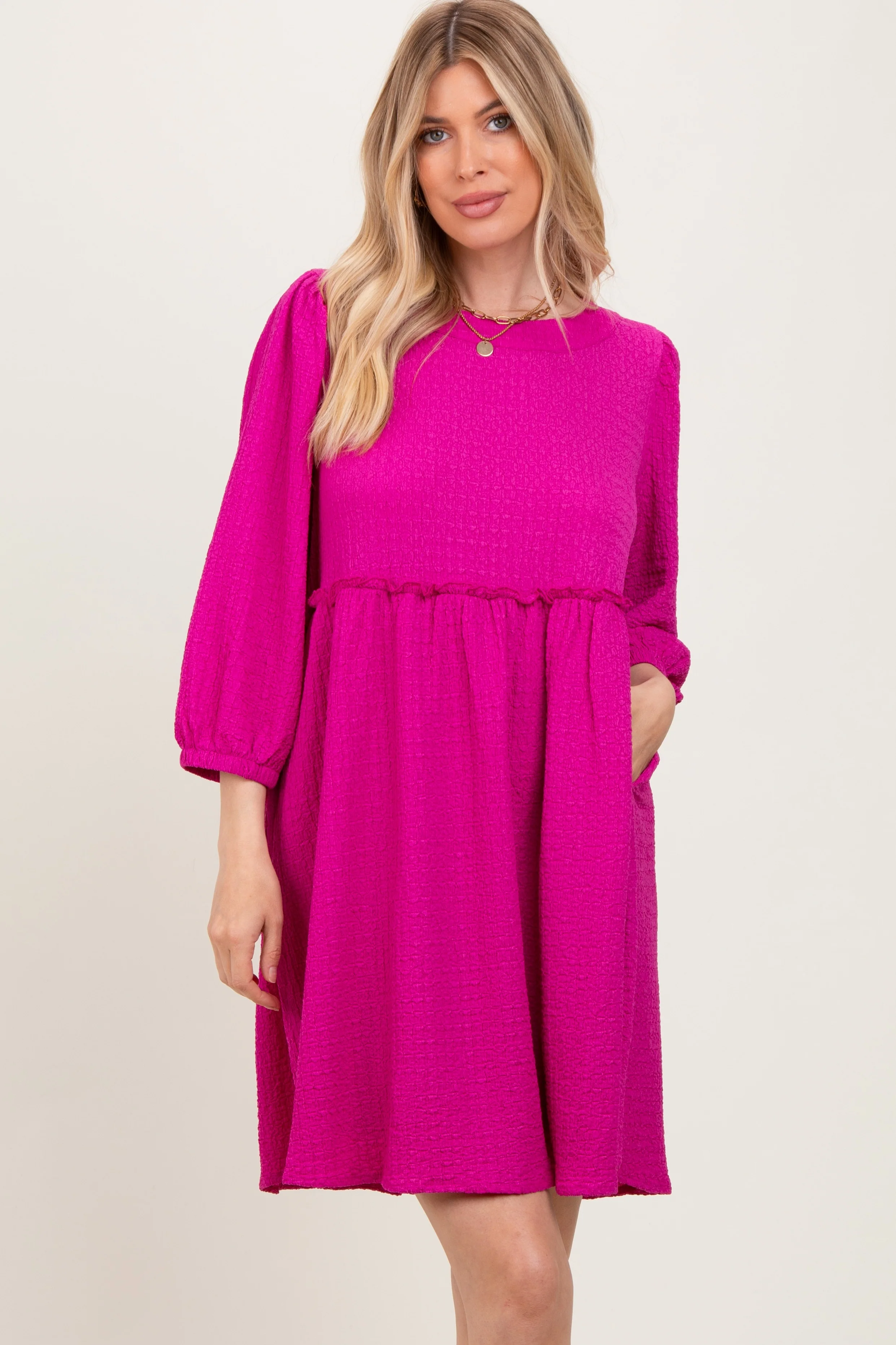 Magenta Knit Ruffle Trim Maternity Dress - Image 5