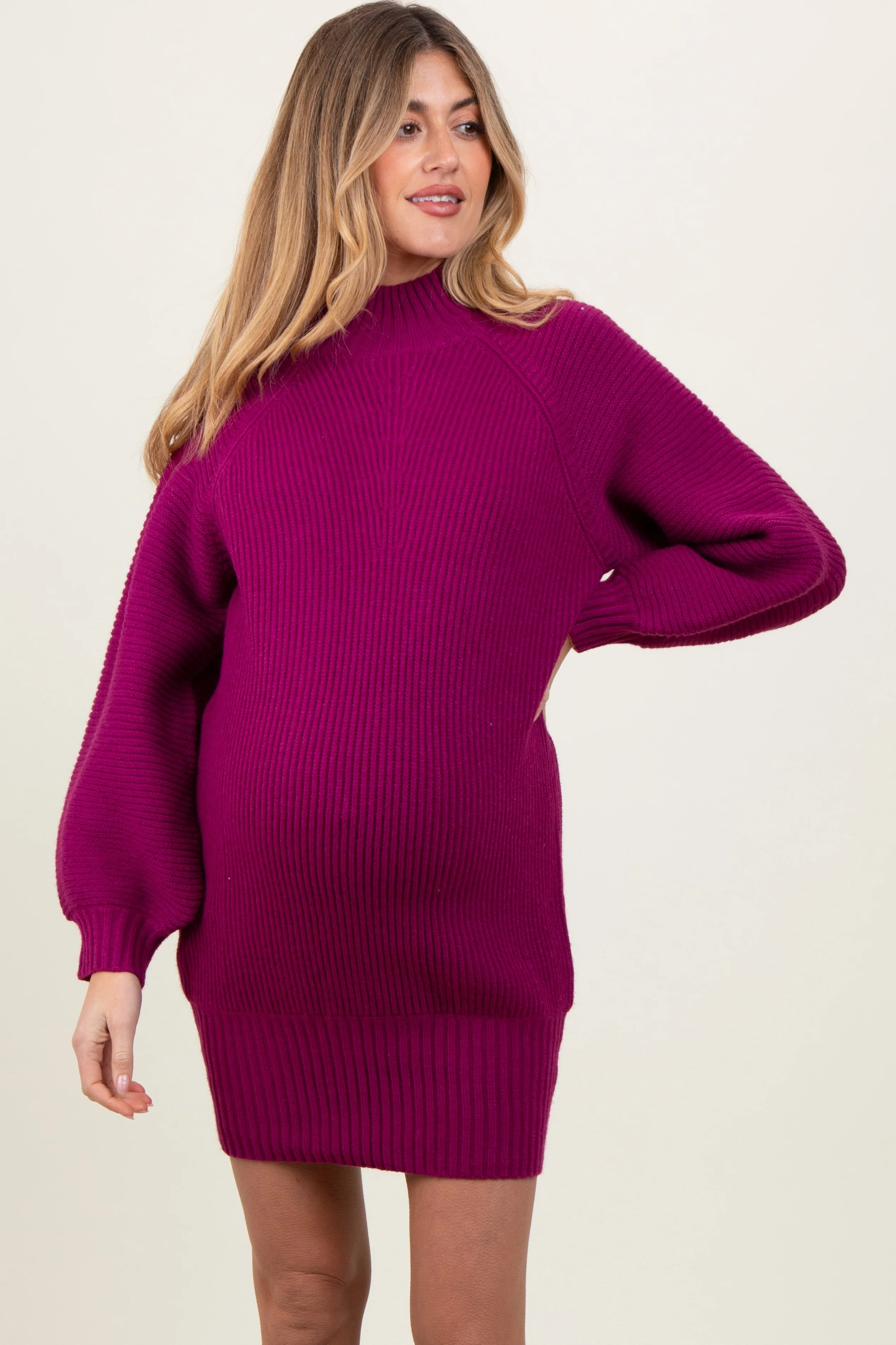 Magenta Mock Neck Maternity Sweater Mini Dress