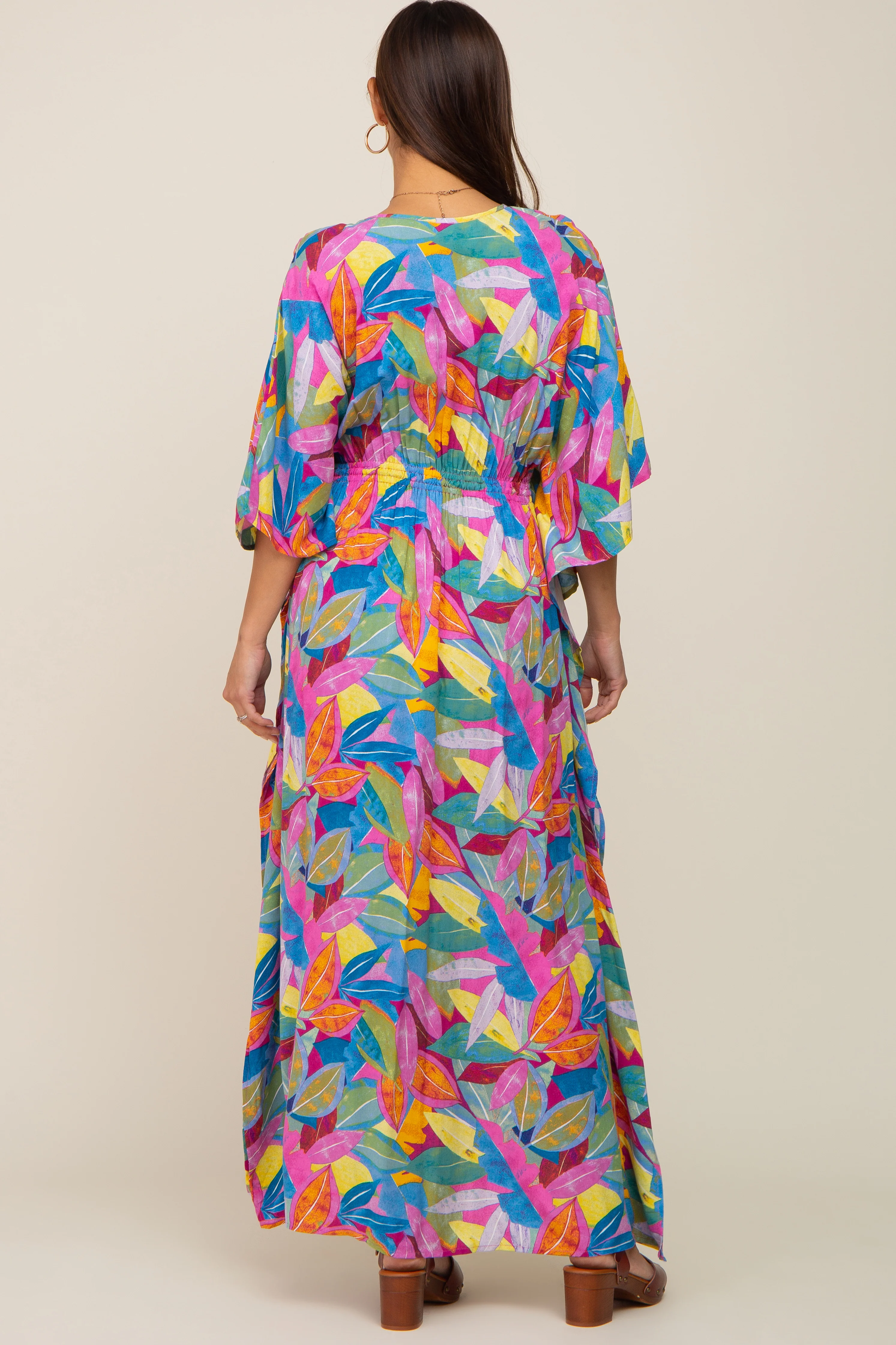 Magenta Multicolor Leaf Pint Tassel Tie Maternity Maxi Dress - Image 3
