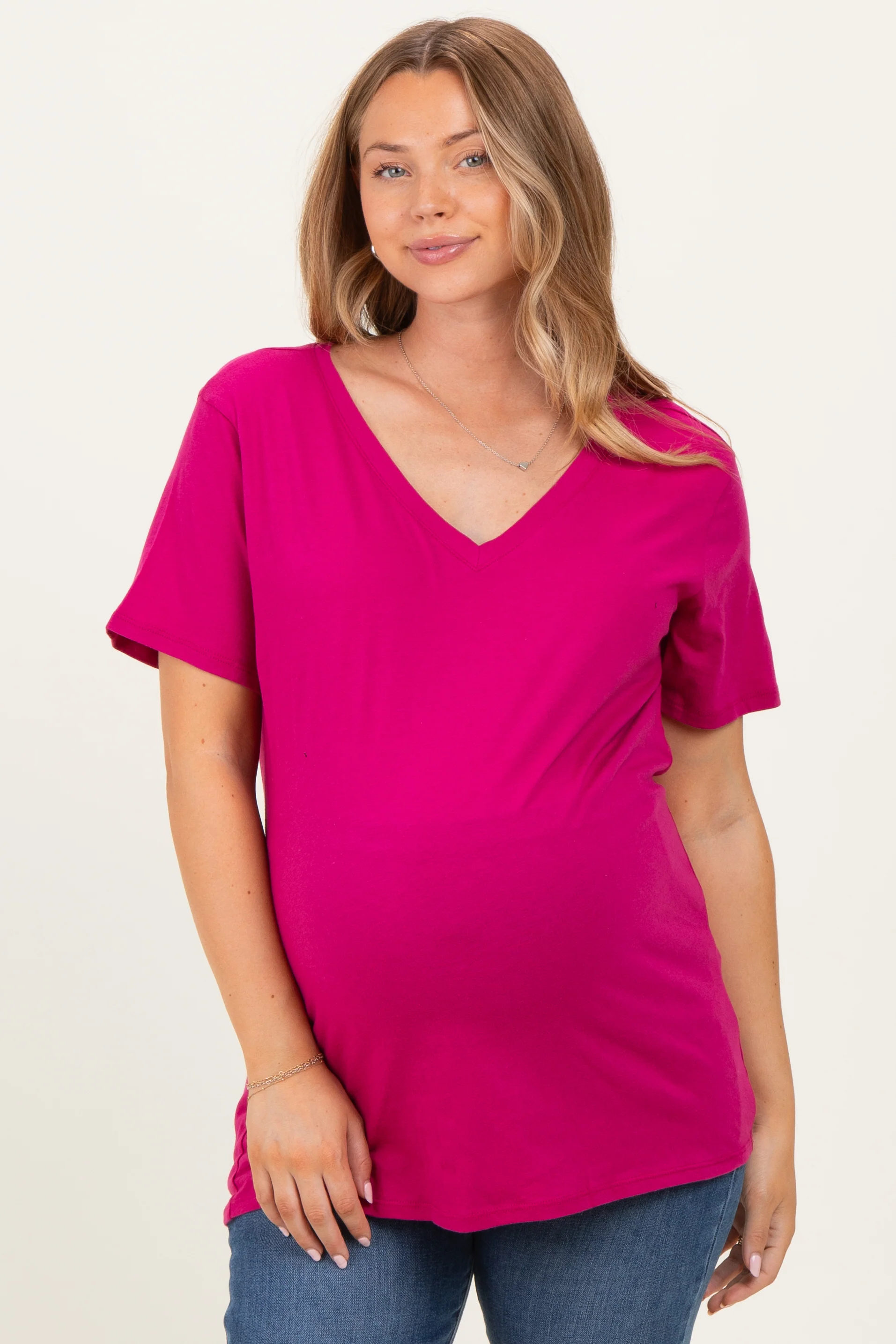 Magenta Oversized V-Neck Short Sleeve Maternity Tee - Image 2