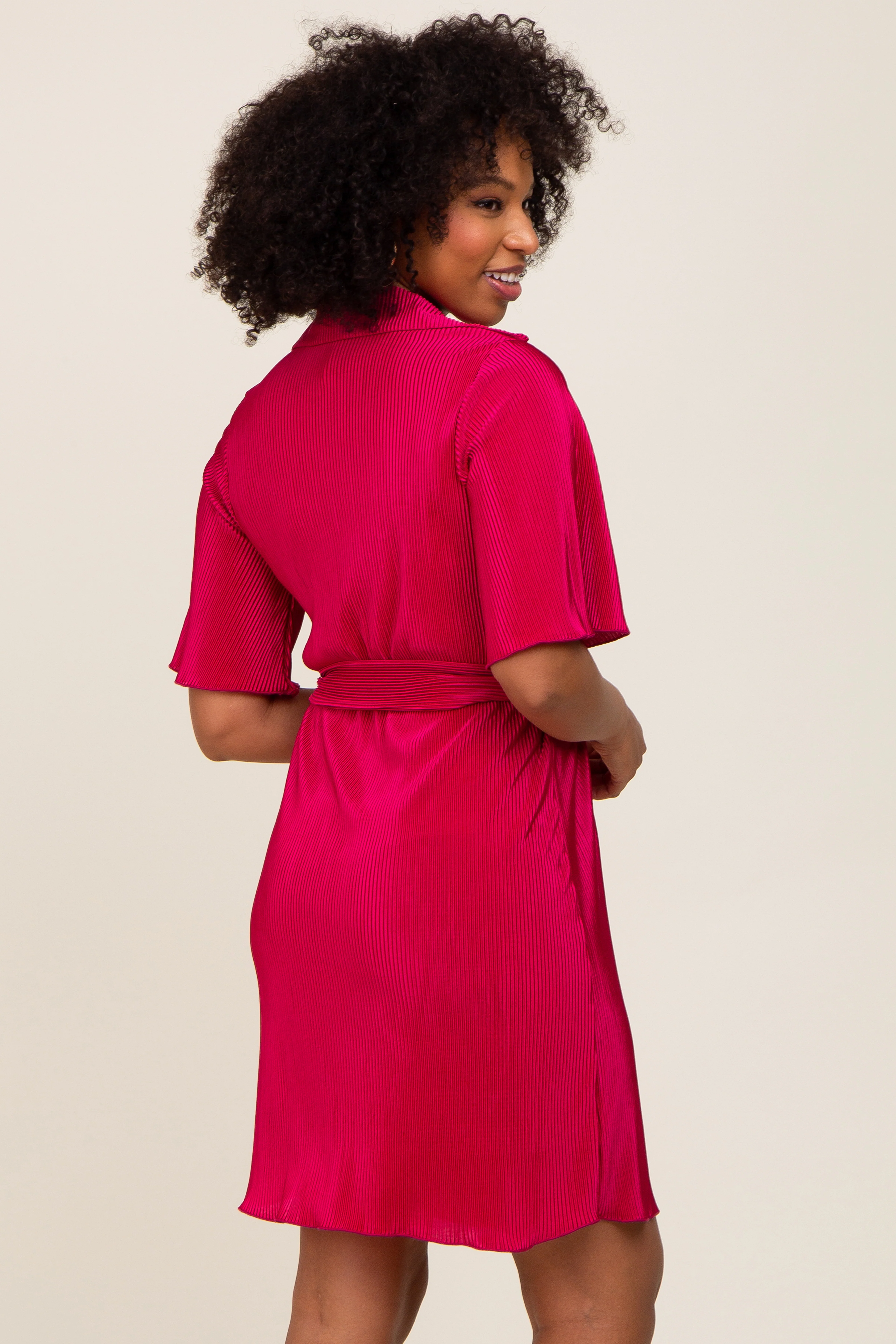 Magenta Pleated Button Front Tied Waist Dress - Image 3