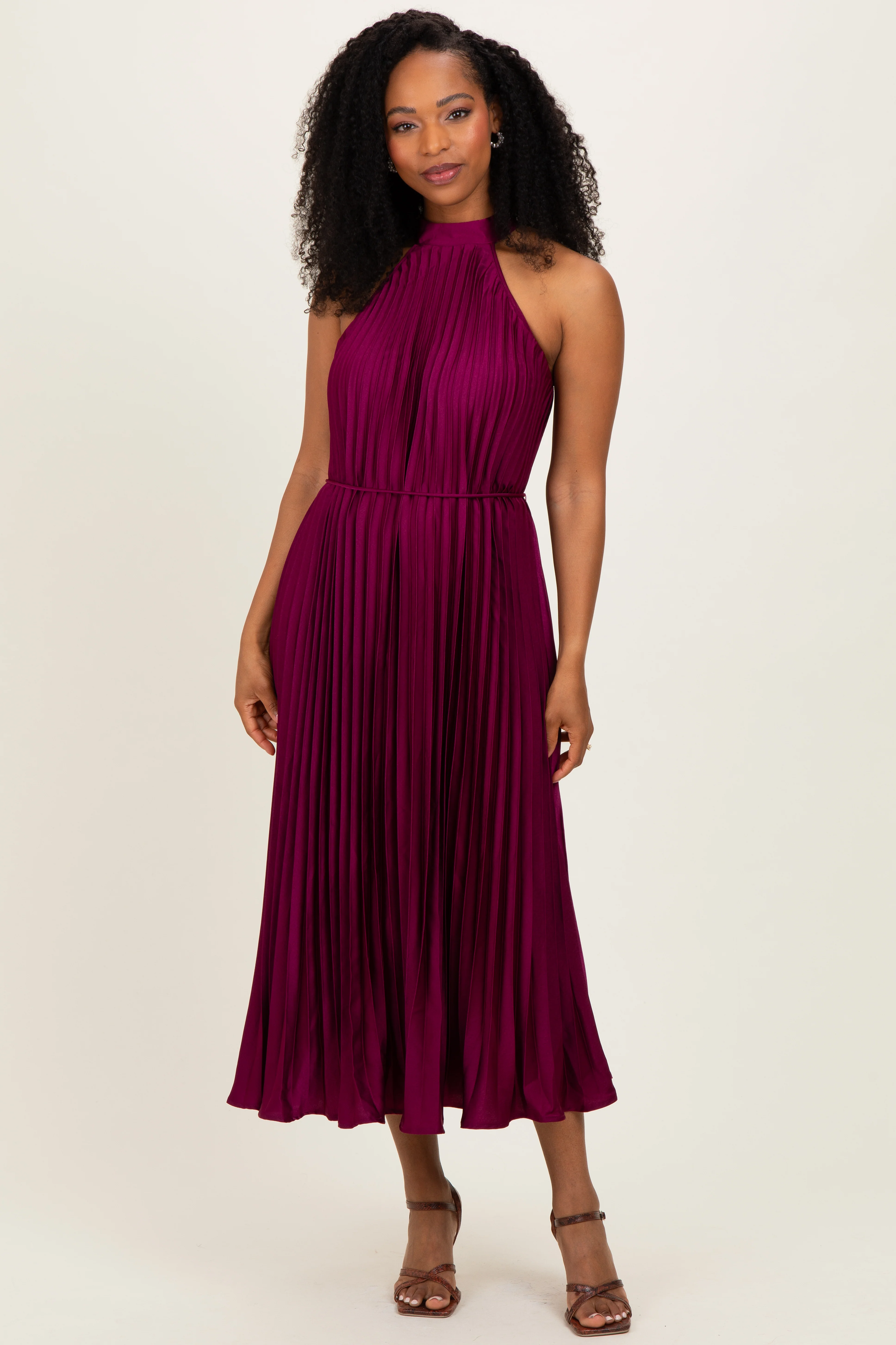 Magenta Pleated Maternity Halter Dress - Image 4