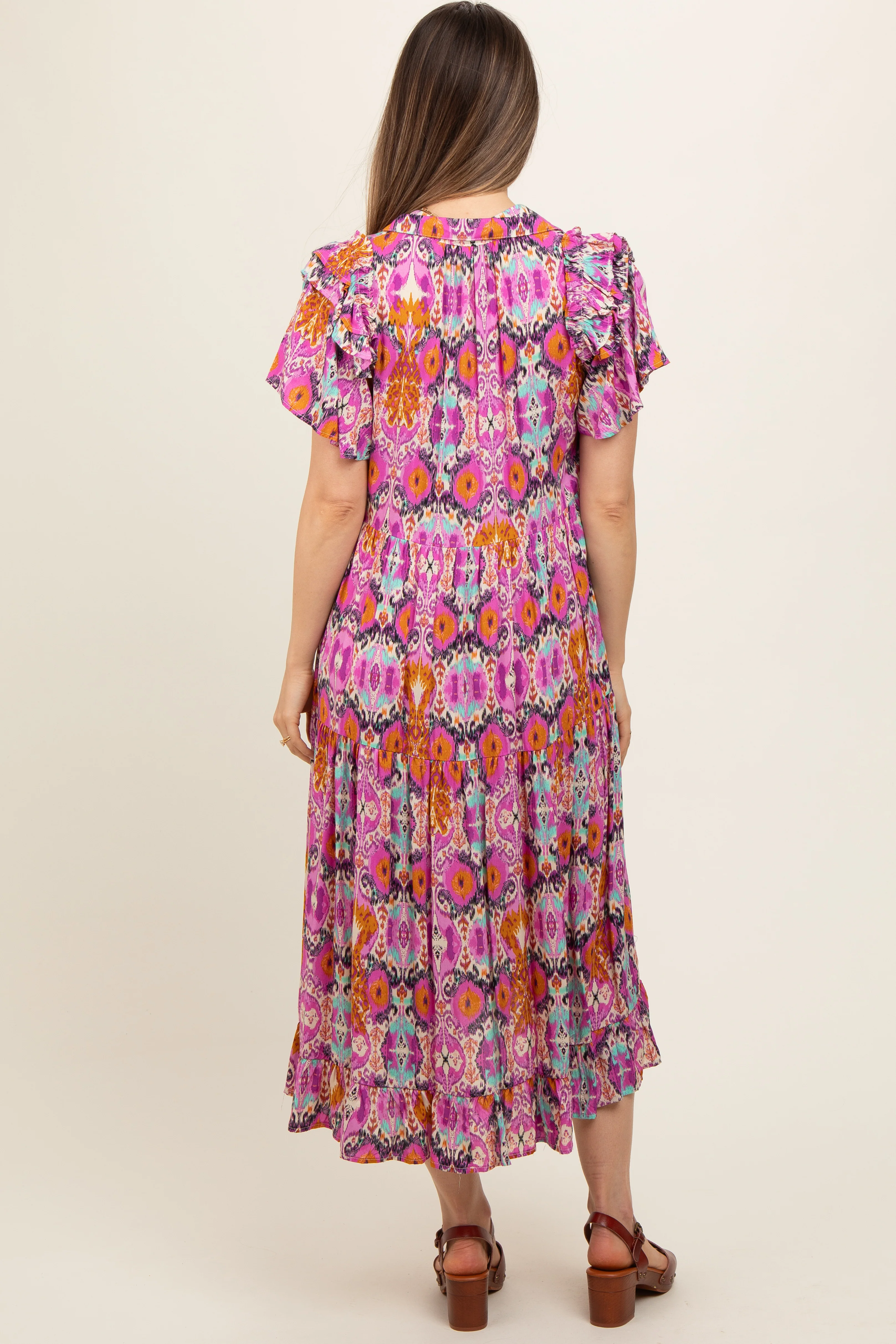 Magenta Print Ruffle Accent Maternity Midi Dress - Image 3