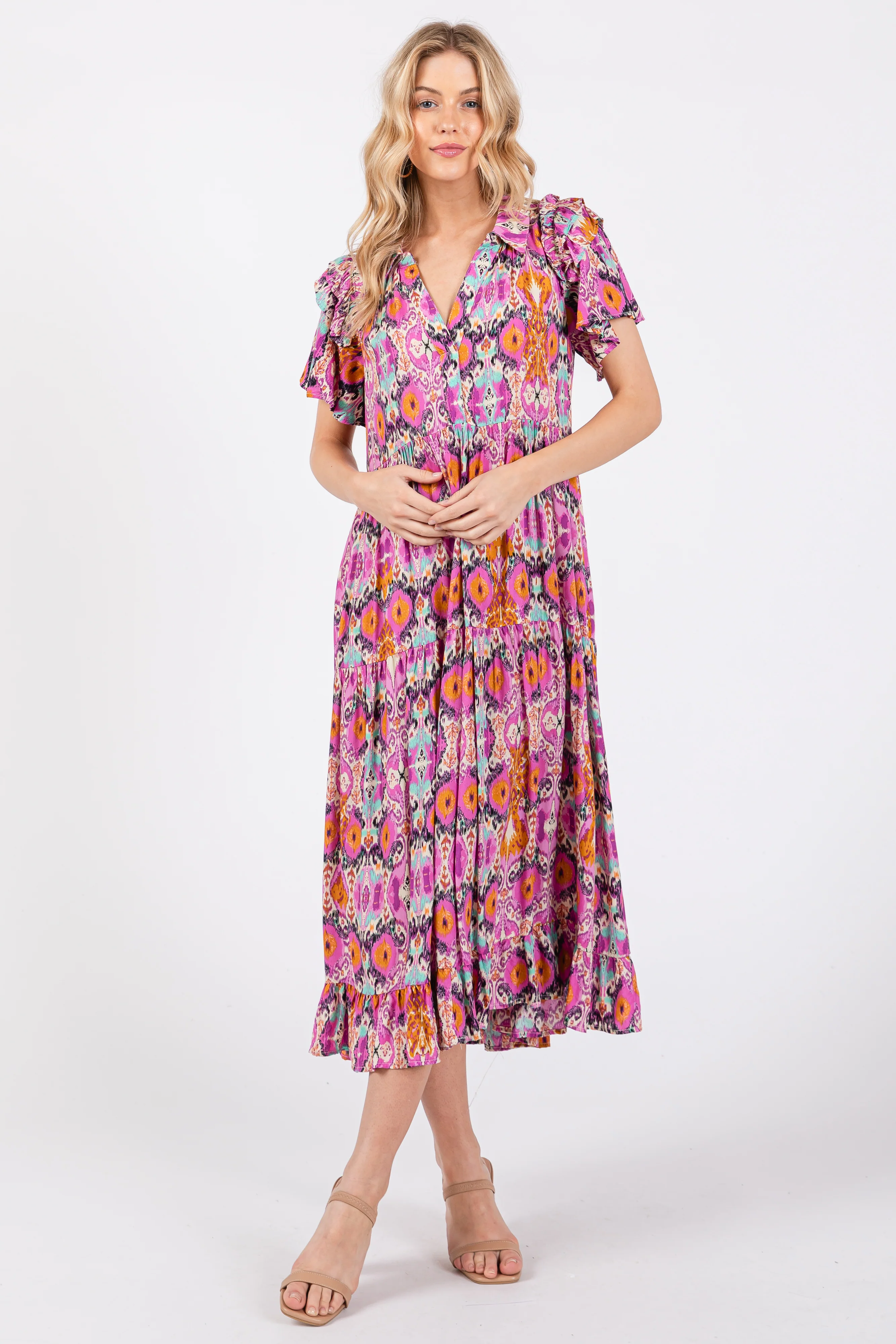 Magenta Print Ruffle Accent Maternity Midi Dress - Image 4