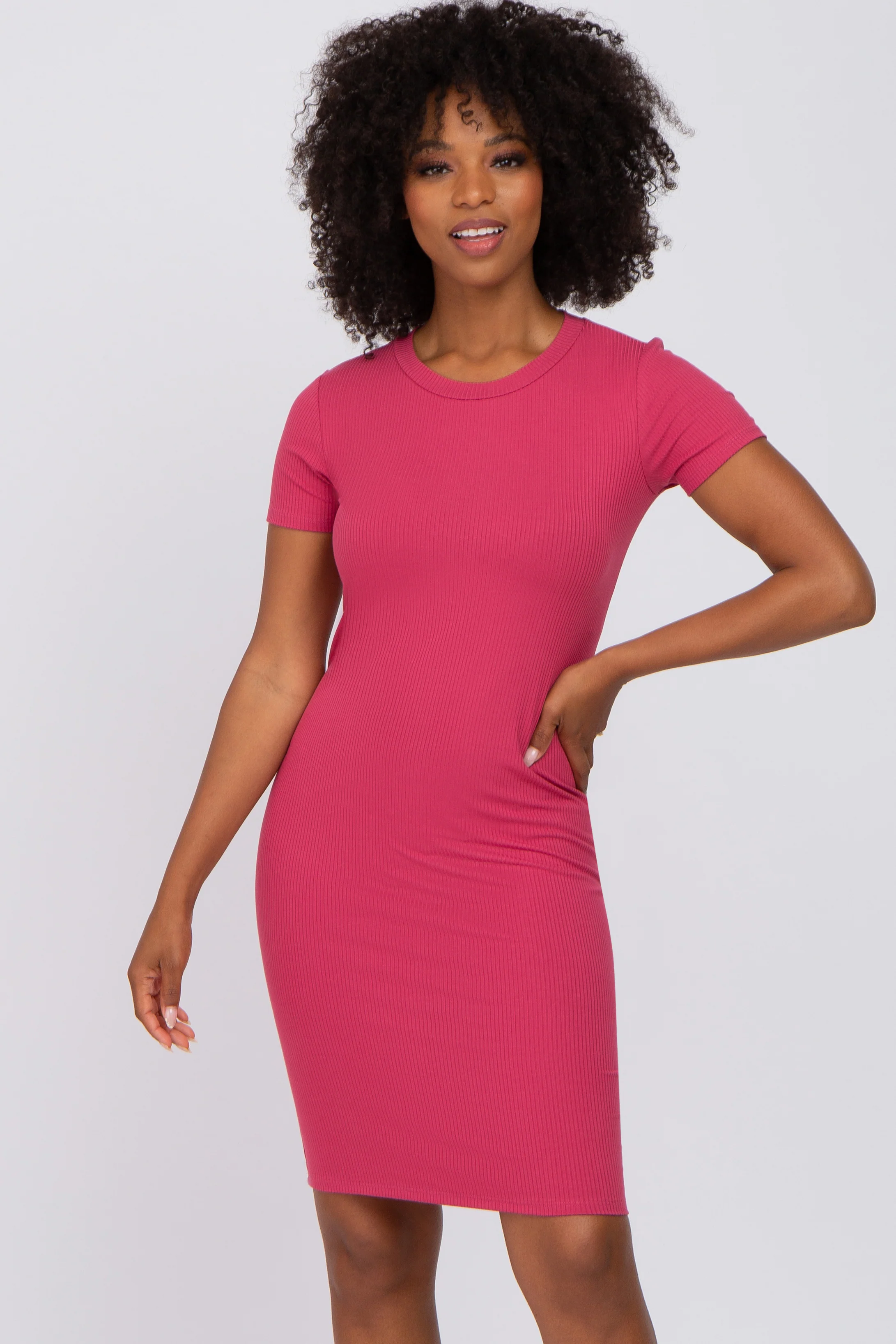 Magenta Ribbed Fitted Maternity Dress - Image 5