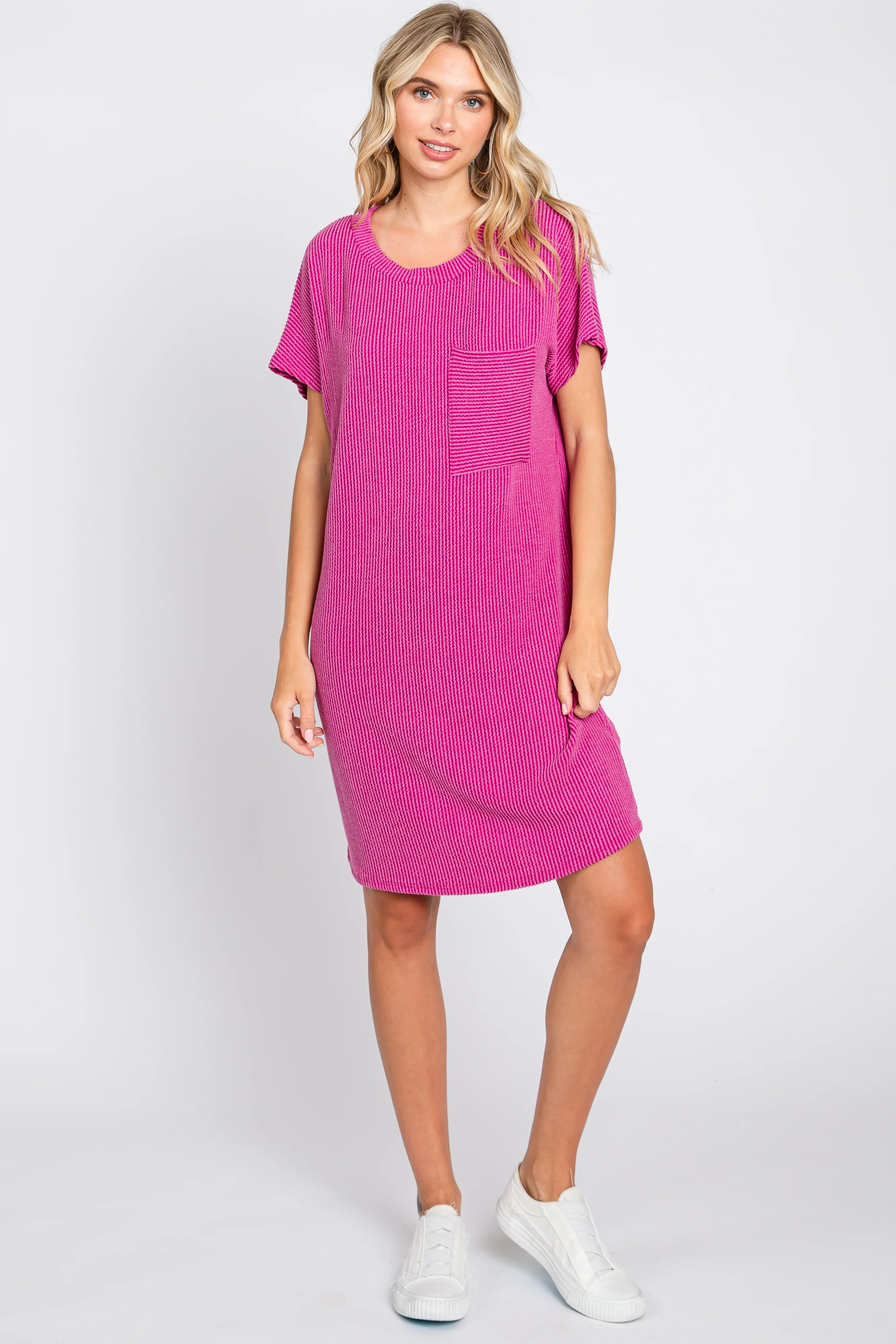 Magenta Ribbed Front Pocket Dolman Short Sleeve Dress - Image 2