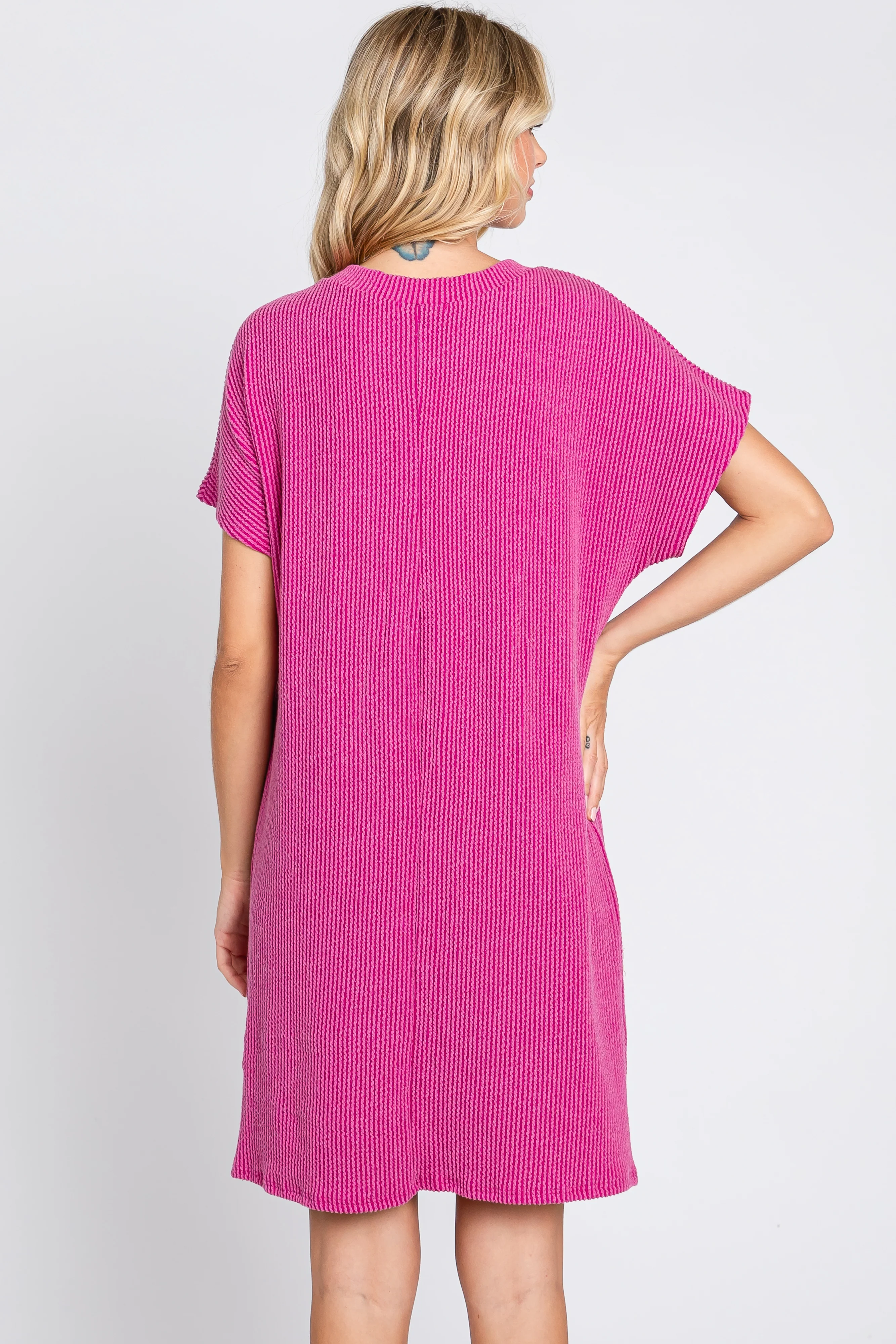 Magenta Ribbed Front Pocket Dolman Short Sleeve Dress - Image 4