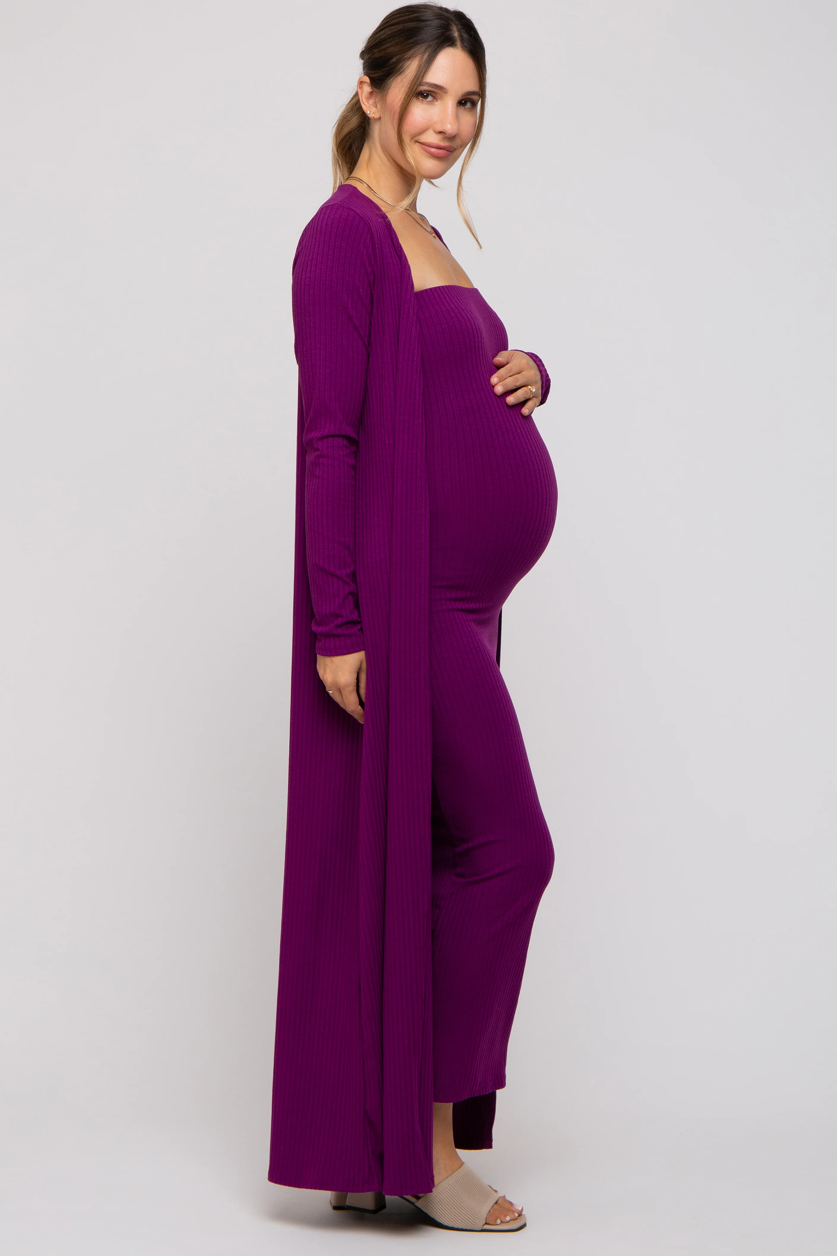 Magenta Ribbed Sleeveless Dress Cardigan Maternity Set - Image 4