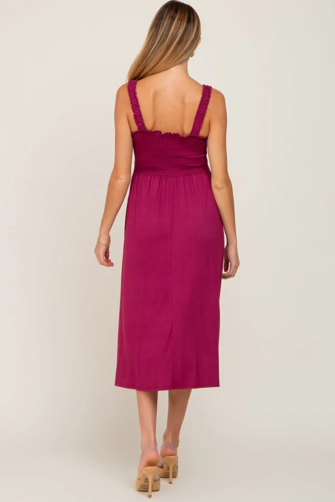 Magenta Smocked Ruffle Strap Maternity Midi Dress - Image 3