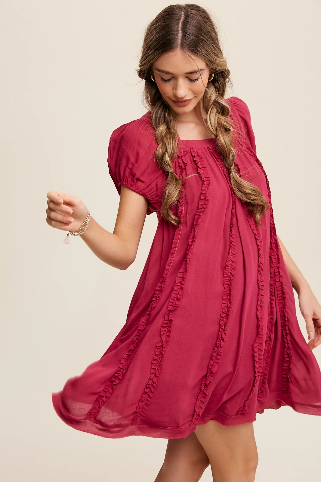 Magenta Square Neck Puff Sleeve Flowy Dress With Ruffle - Image 2