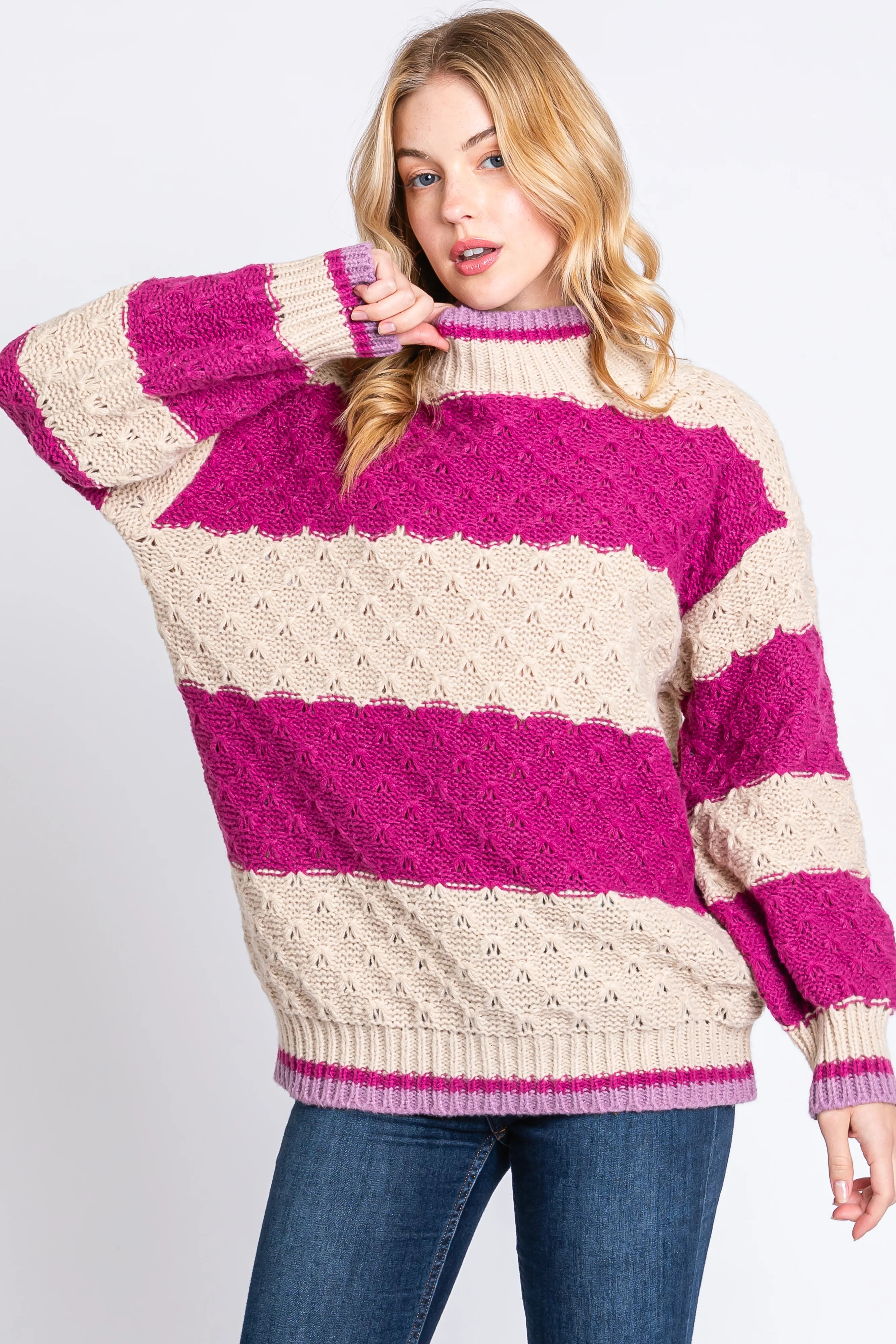 Magenta Striped Mock Neck Maternity Sweater - Image 5
