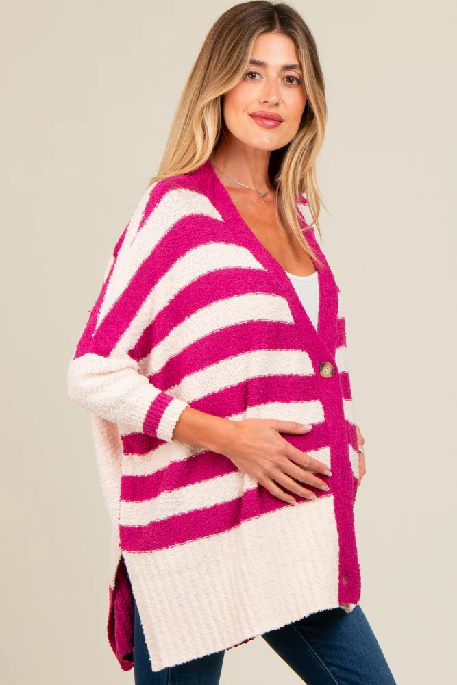 Magenta Textured Knit Striped Oversized Maternity Cardigan - Image 3