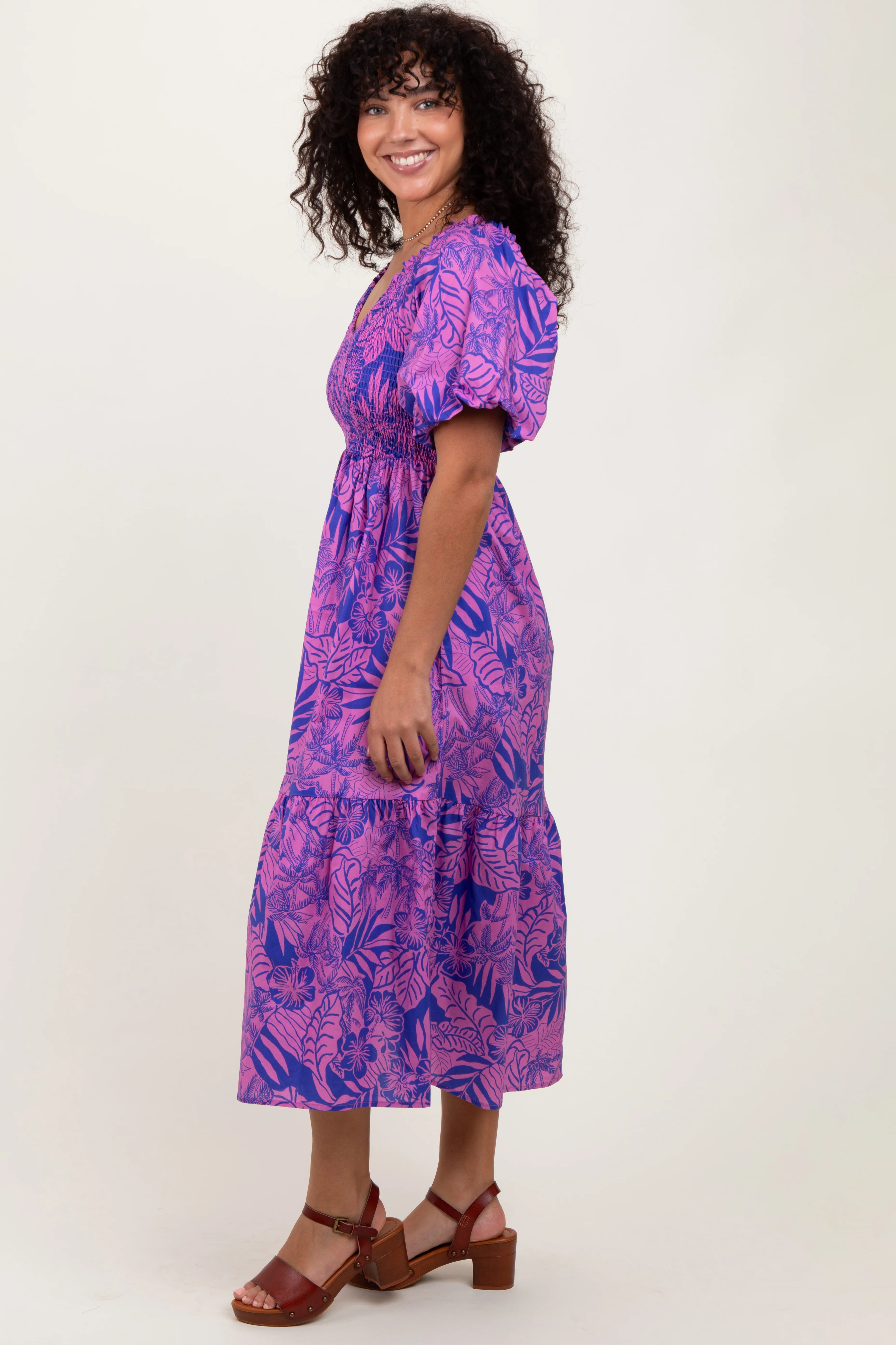 Magenta Tropical Floral Smocked Tie Back Maxi Dress - Image 2