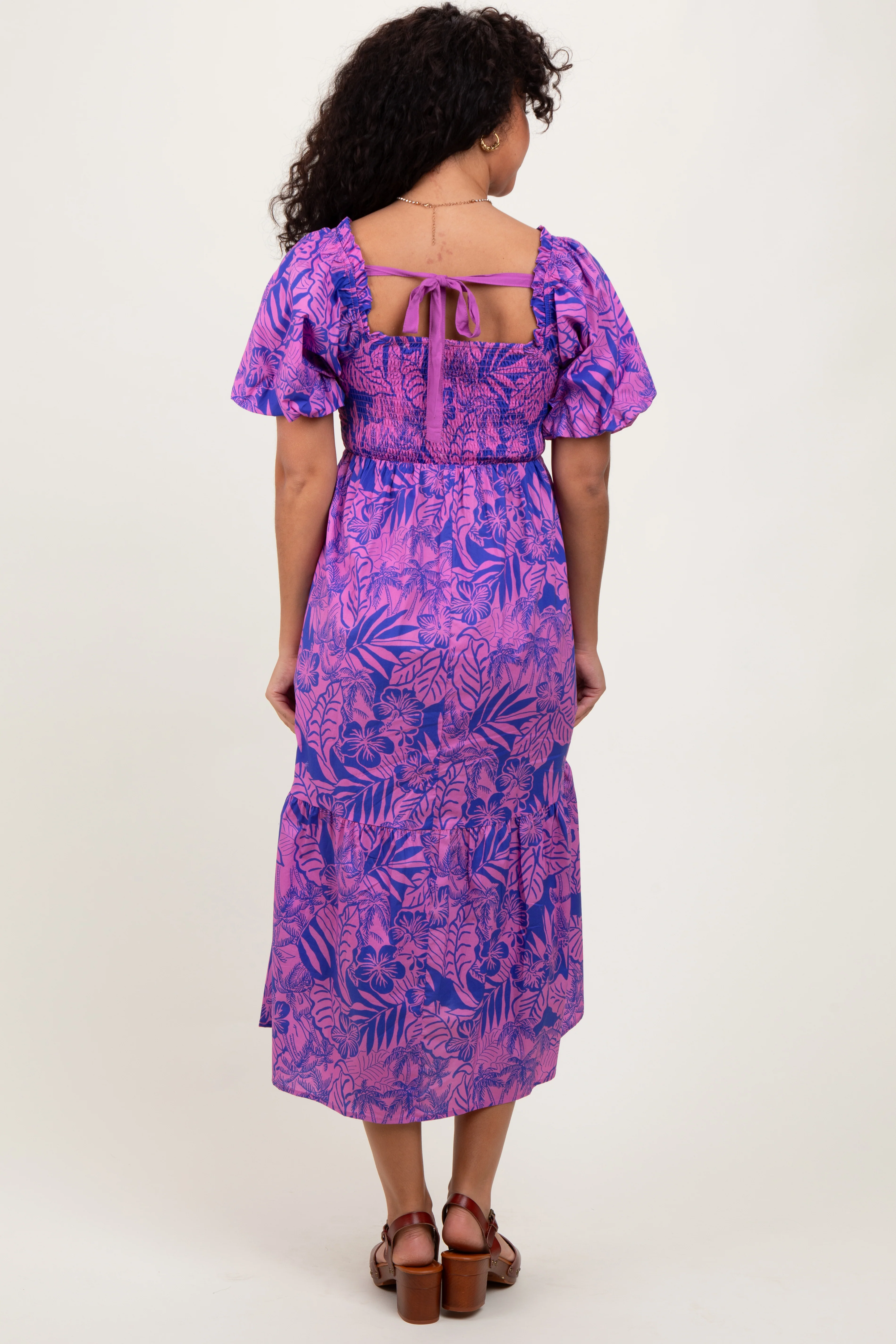Magenta Tropical Floral Smocked Tie Back Maxi Dress - Image 3