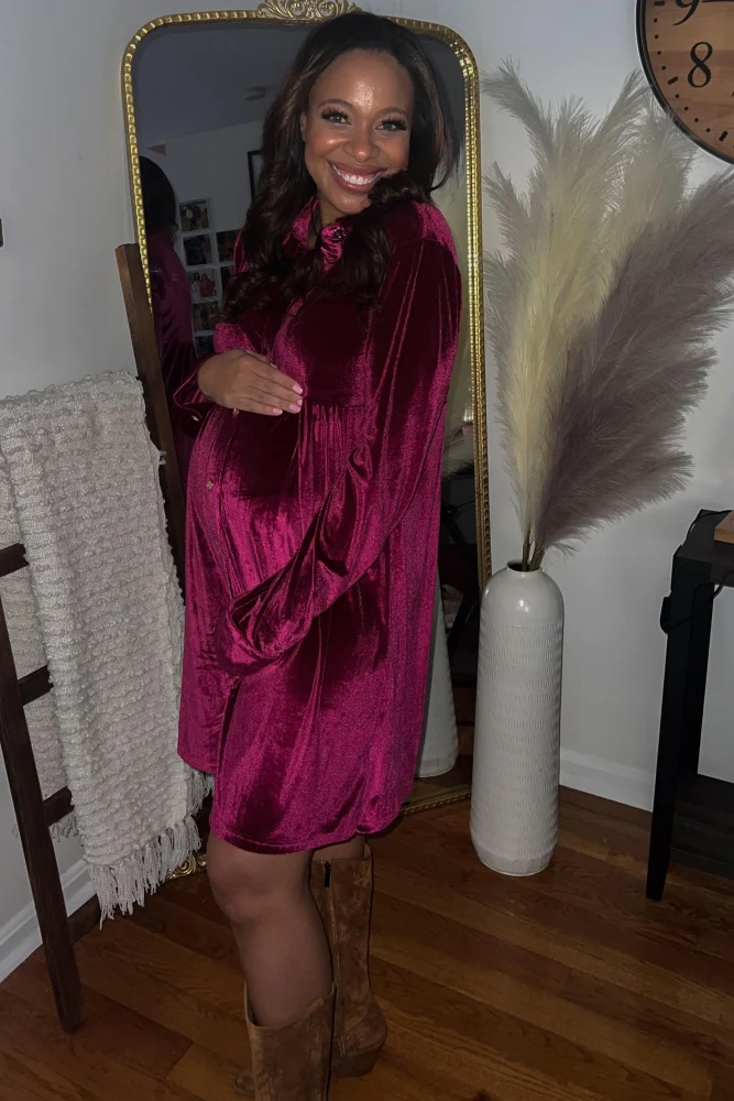 Magenta Velvet Button Down Maternity Dress - Image 7