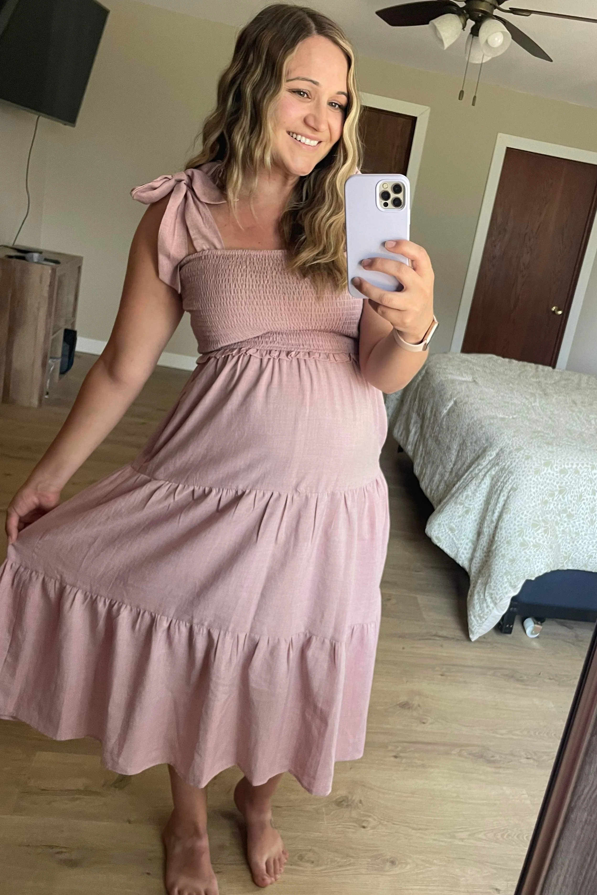 Mauve Bow Strap Tiered Maternity Midi Dress - Image 13