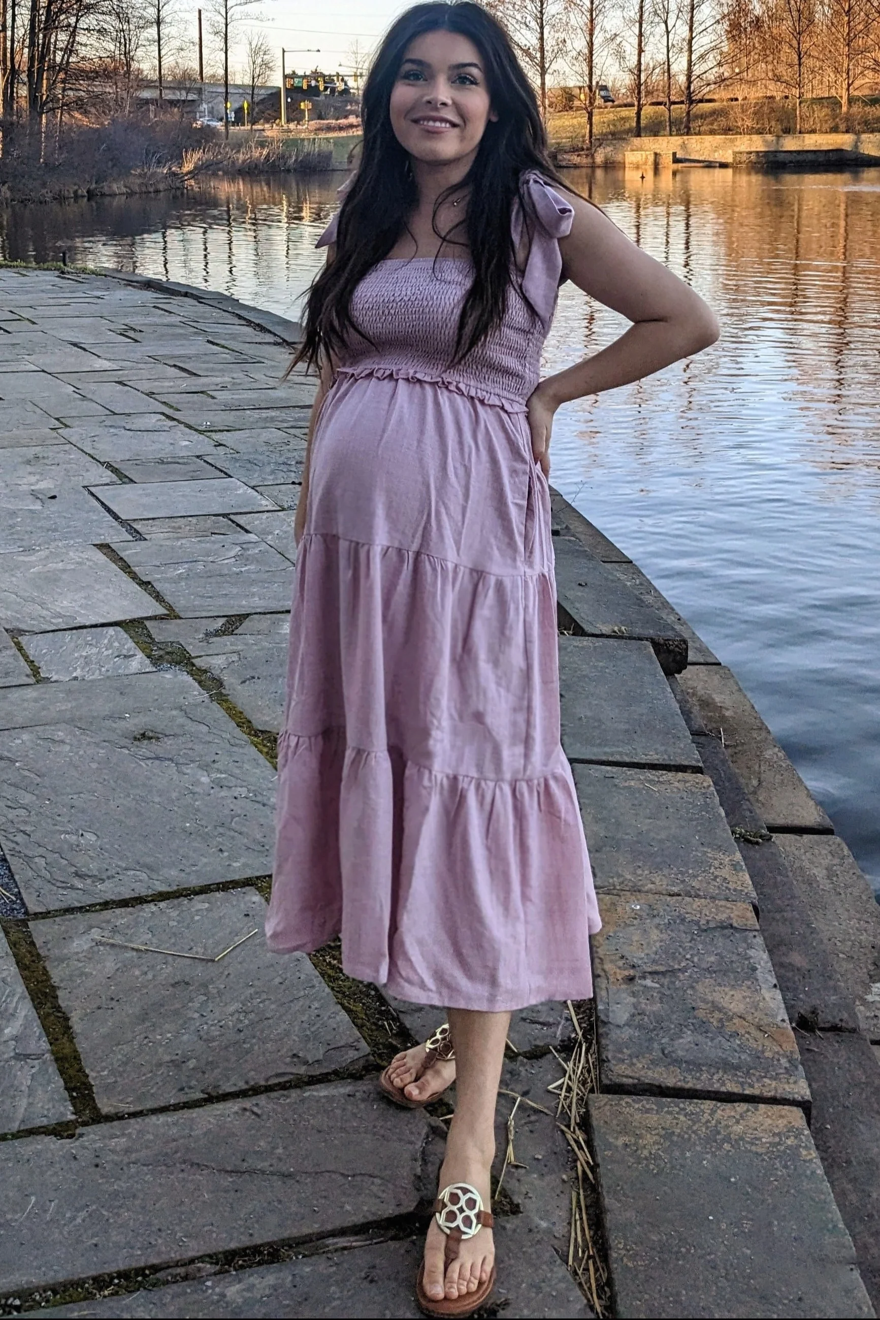 Mauve Bow Strap Tiered Maternity Midi Dress - Image 8