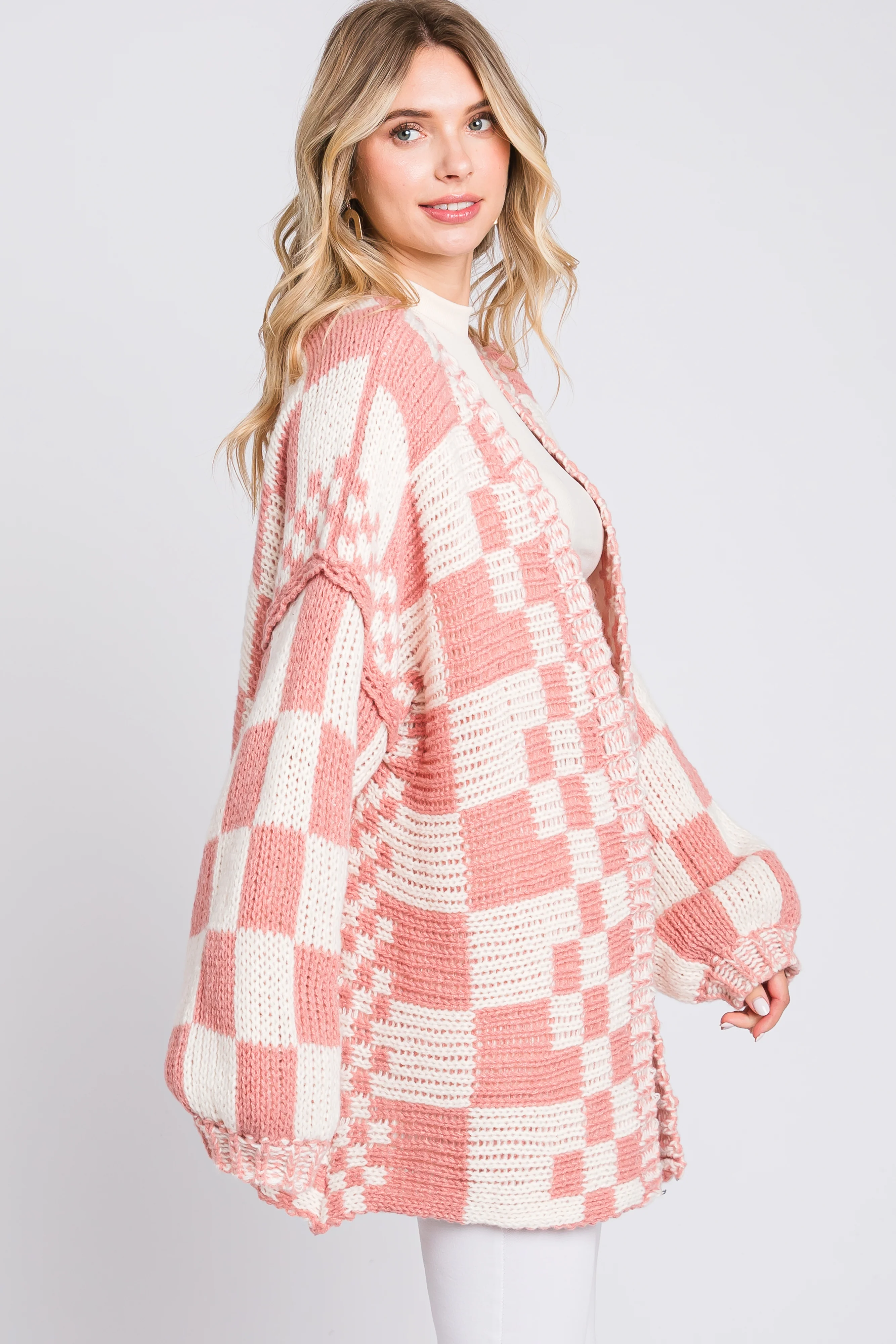 Mauve Checkered Oversized Chunky Knit Cardigan - Image 2