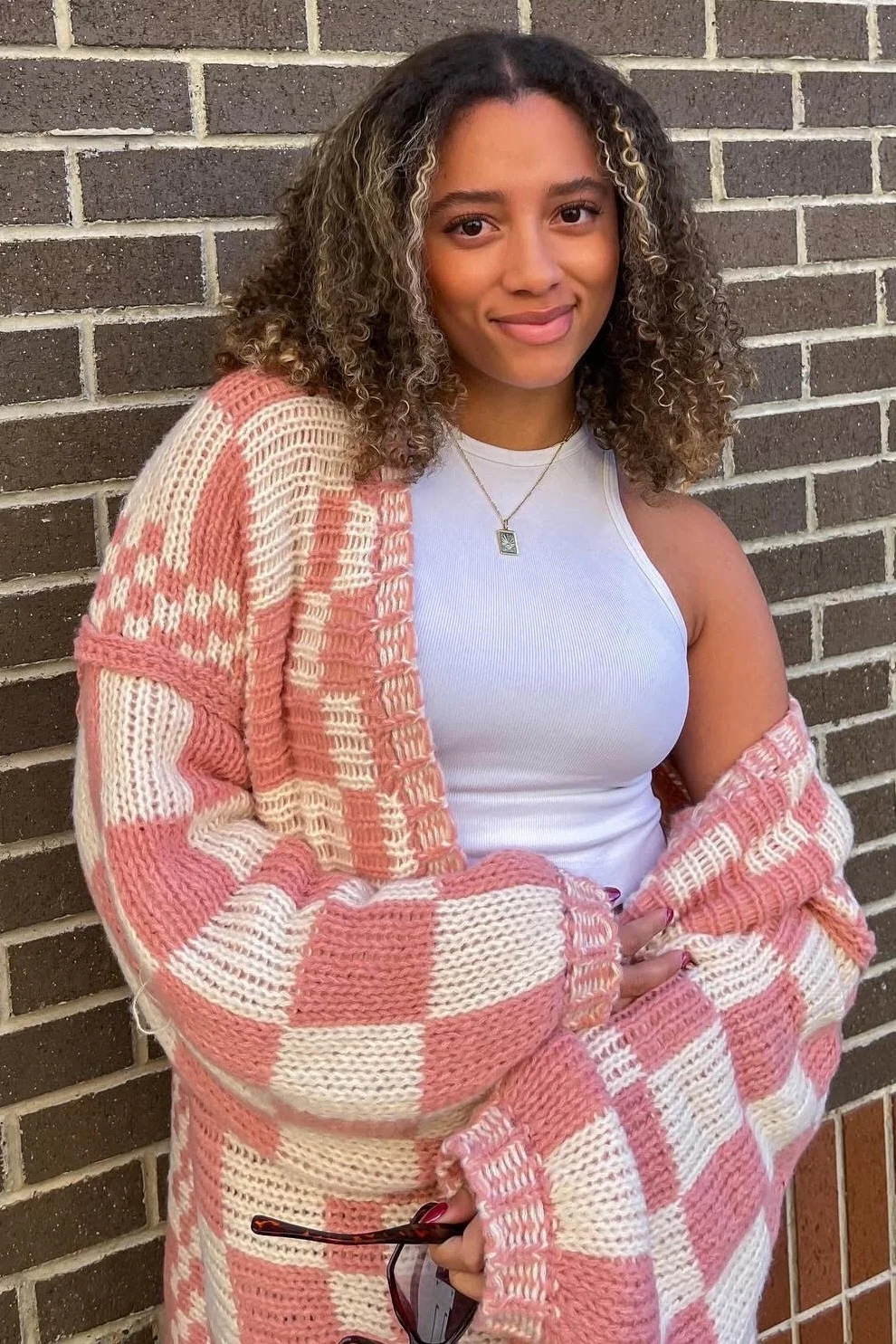 Mauve Checkered Oversized Chunky Knit Cardigan - Image 9