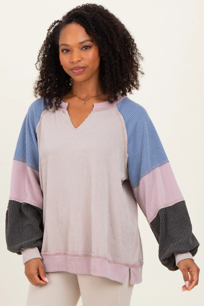 Mauve Color Block Long Sleeve V-Neck Top - Image 3