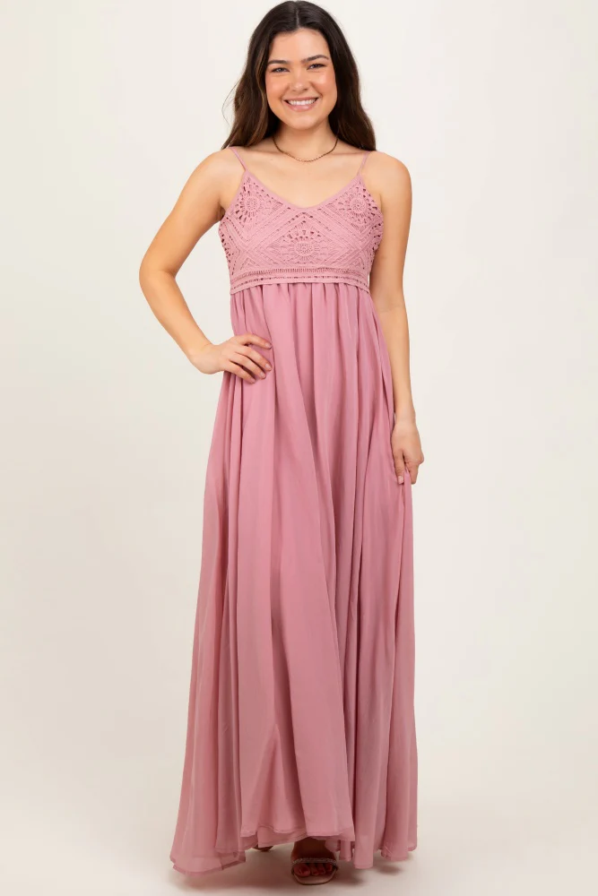 Mauve Crochet Bodice Maternity Maxi Dress - Image 5