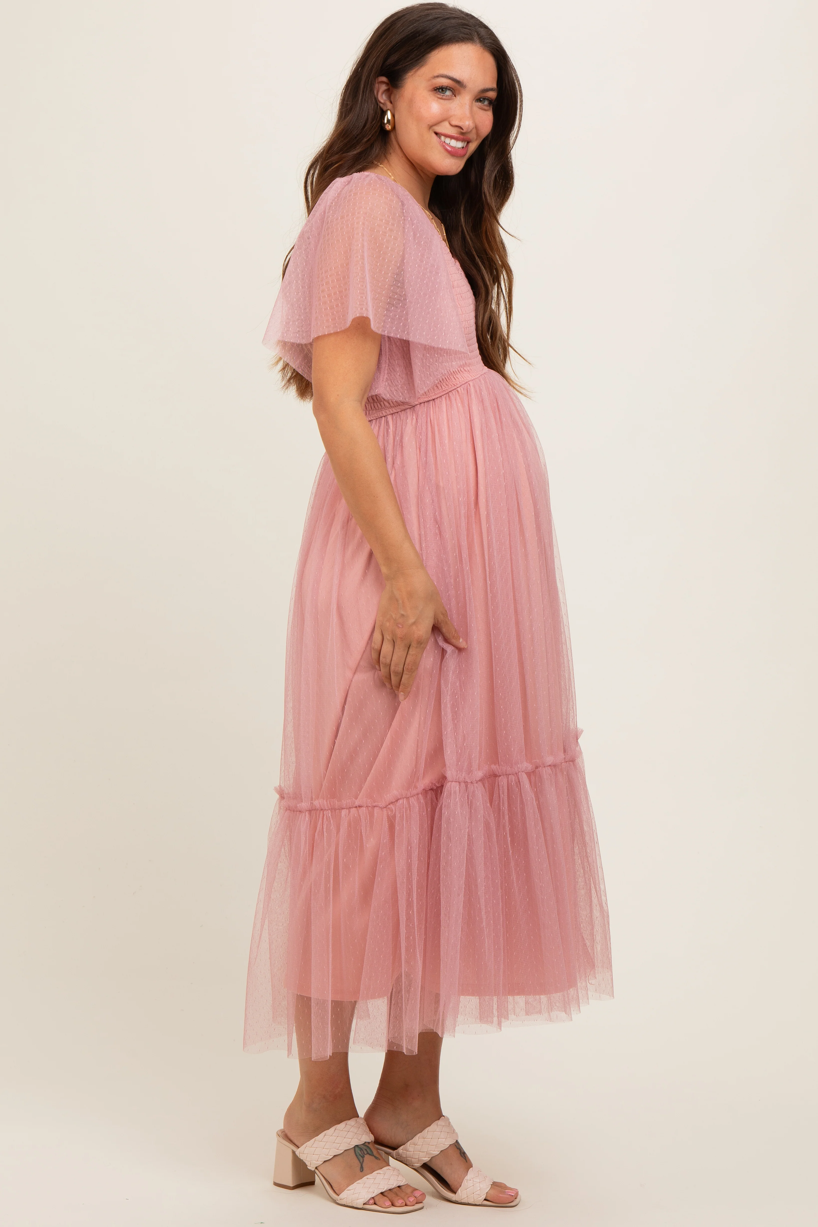 Mauve Dotted Tulle Smocked Maternity Midi Dress - Image 3
