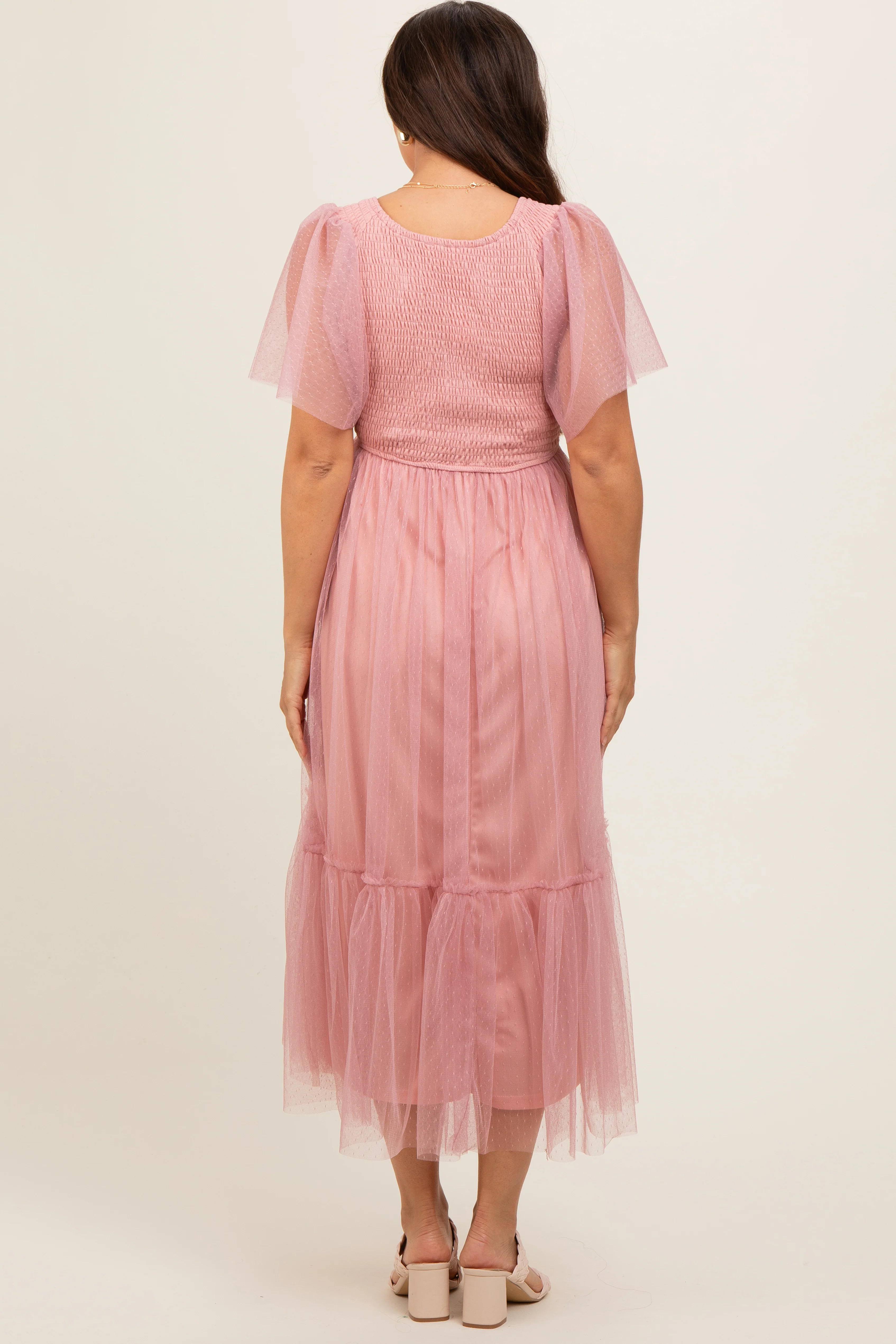 Mauve Dotted Tulle Smocked Maternity Midi Dress - Image 4