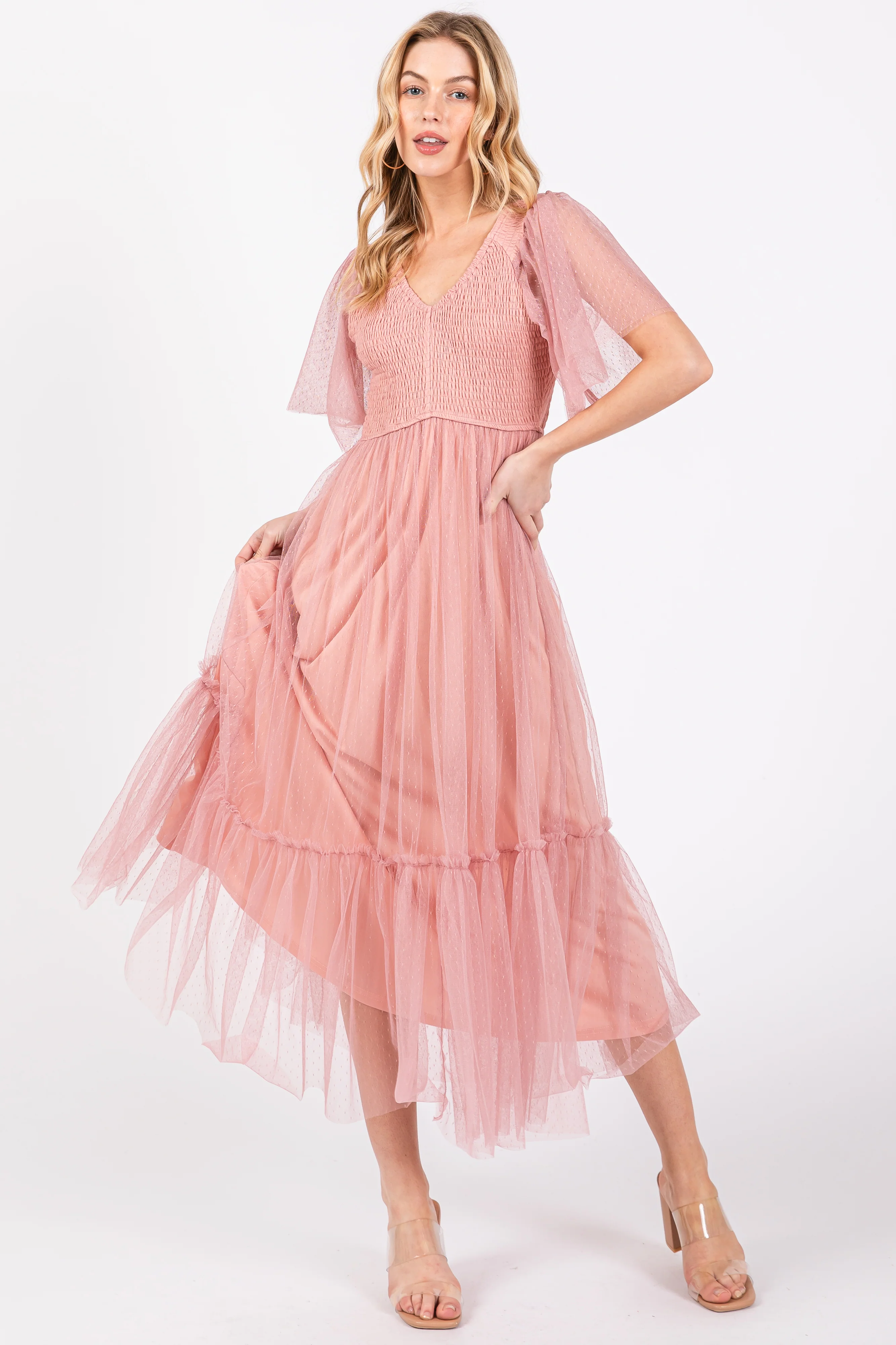 Mauve Dotted Tulle Smocked Maternity Midi Dress - Image 5