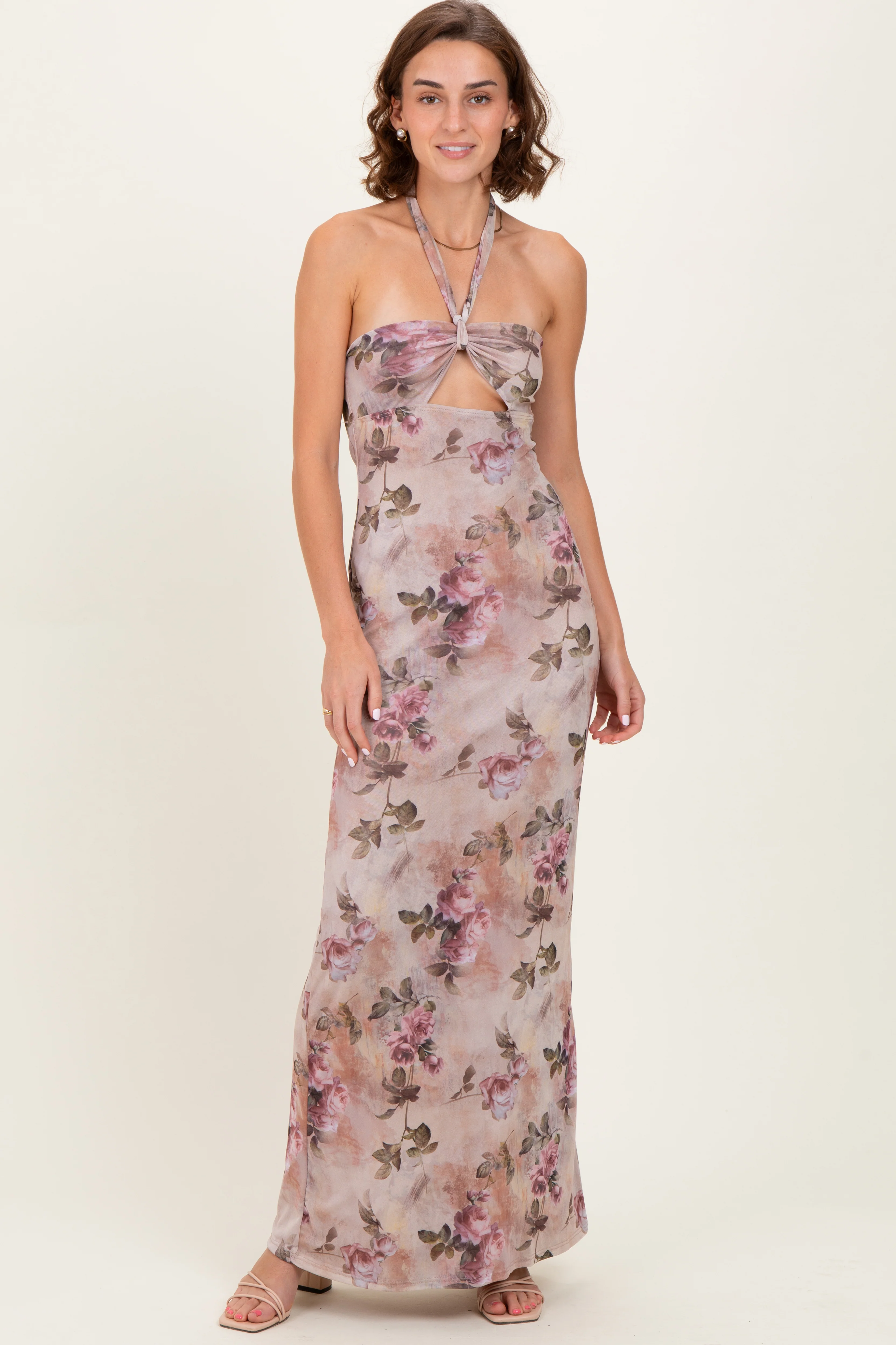 Mauve Floral Halter Cutout Maternity Maxi Dress - Image 4