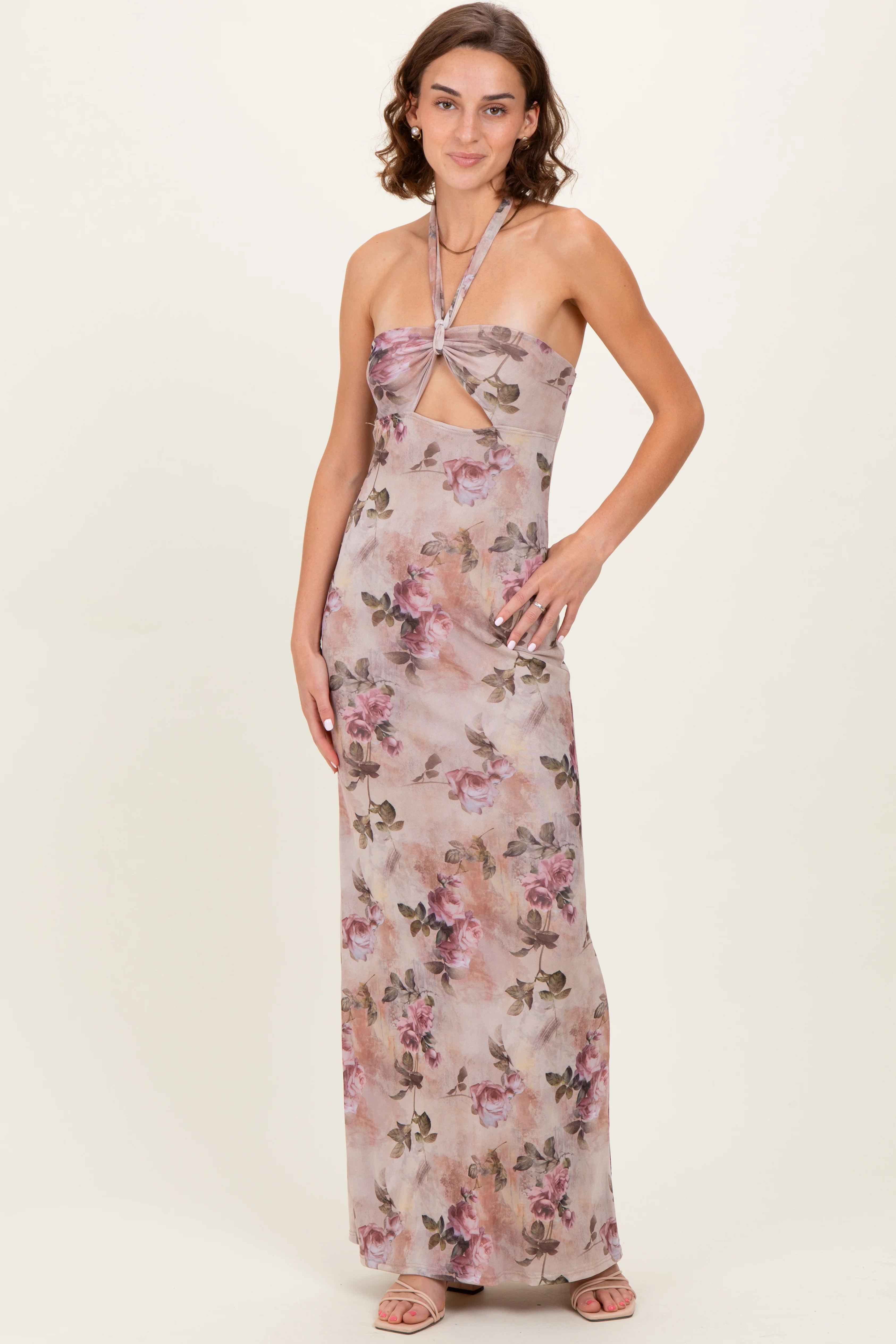 Mauve Floral Halter Cutout Maxi Dress - Image 2