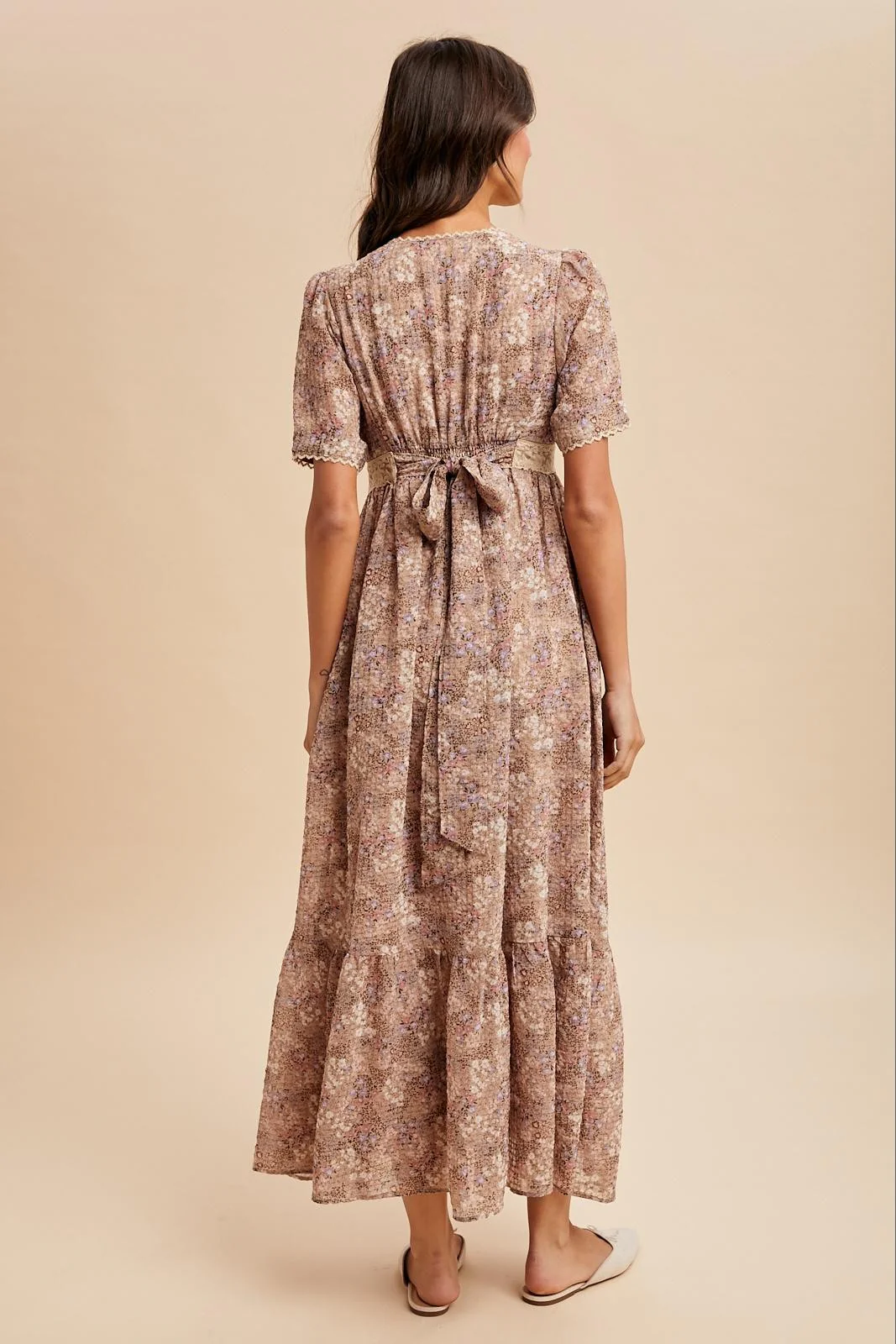 Mauve Floral Lace Detail Button Down Maxi Dress - Image 5