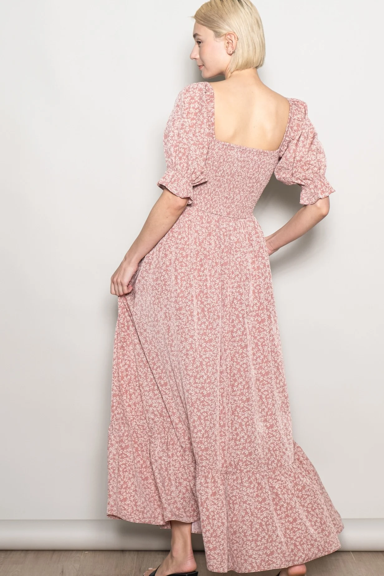 Mauve Floral Lace Trim Smocked Maxi Dress - Image 3