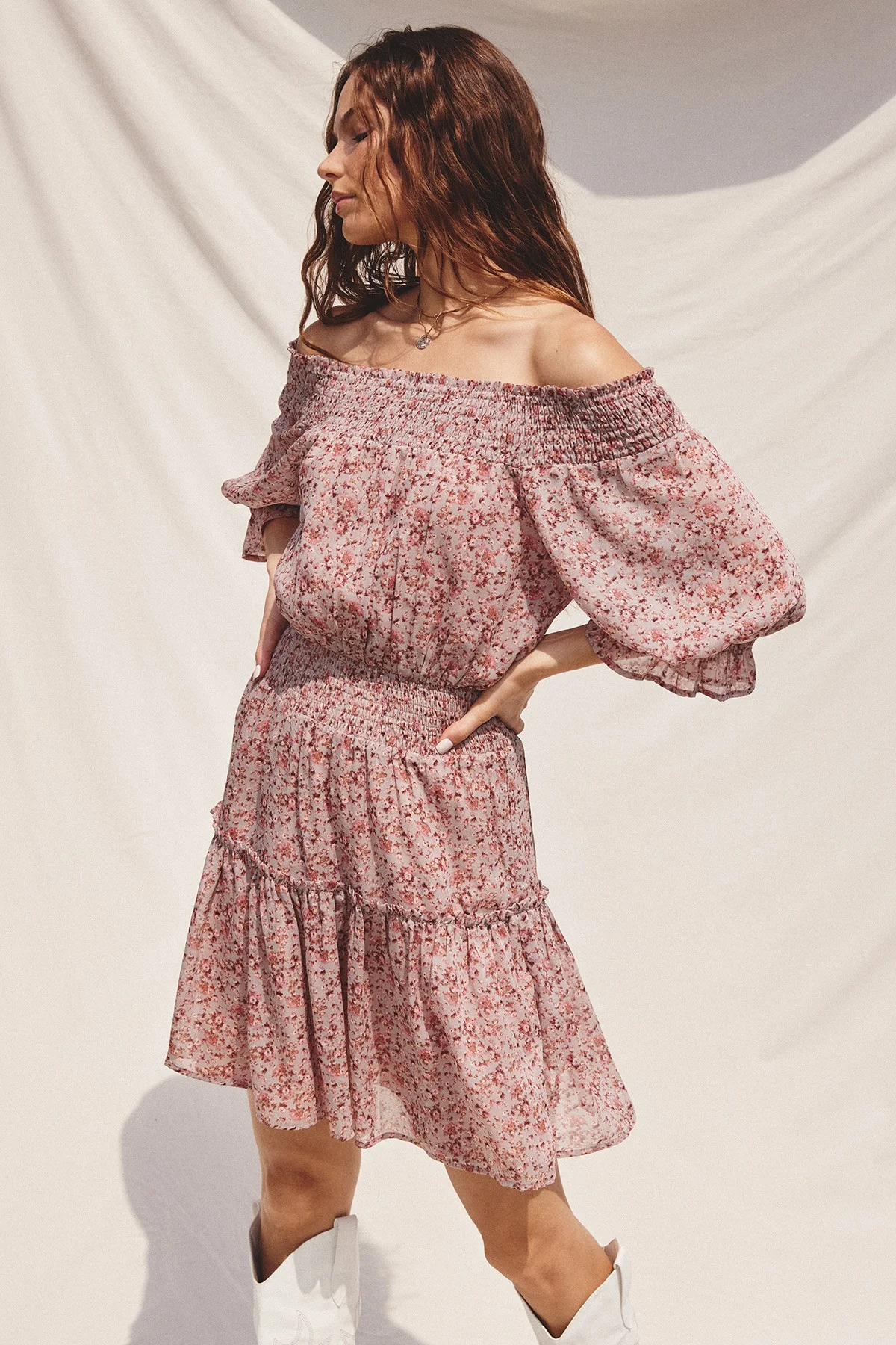 Mauve Floral Off-The-Shoulder Smocked Dress - Image 3