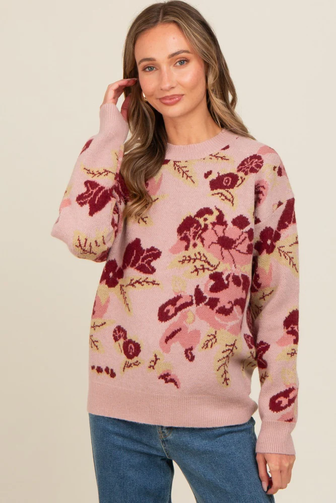 Mauve Floral Print Crew Neck Sweater - Image 2
